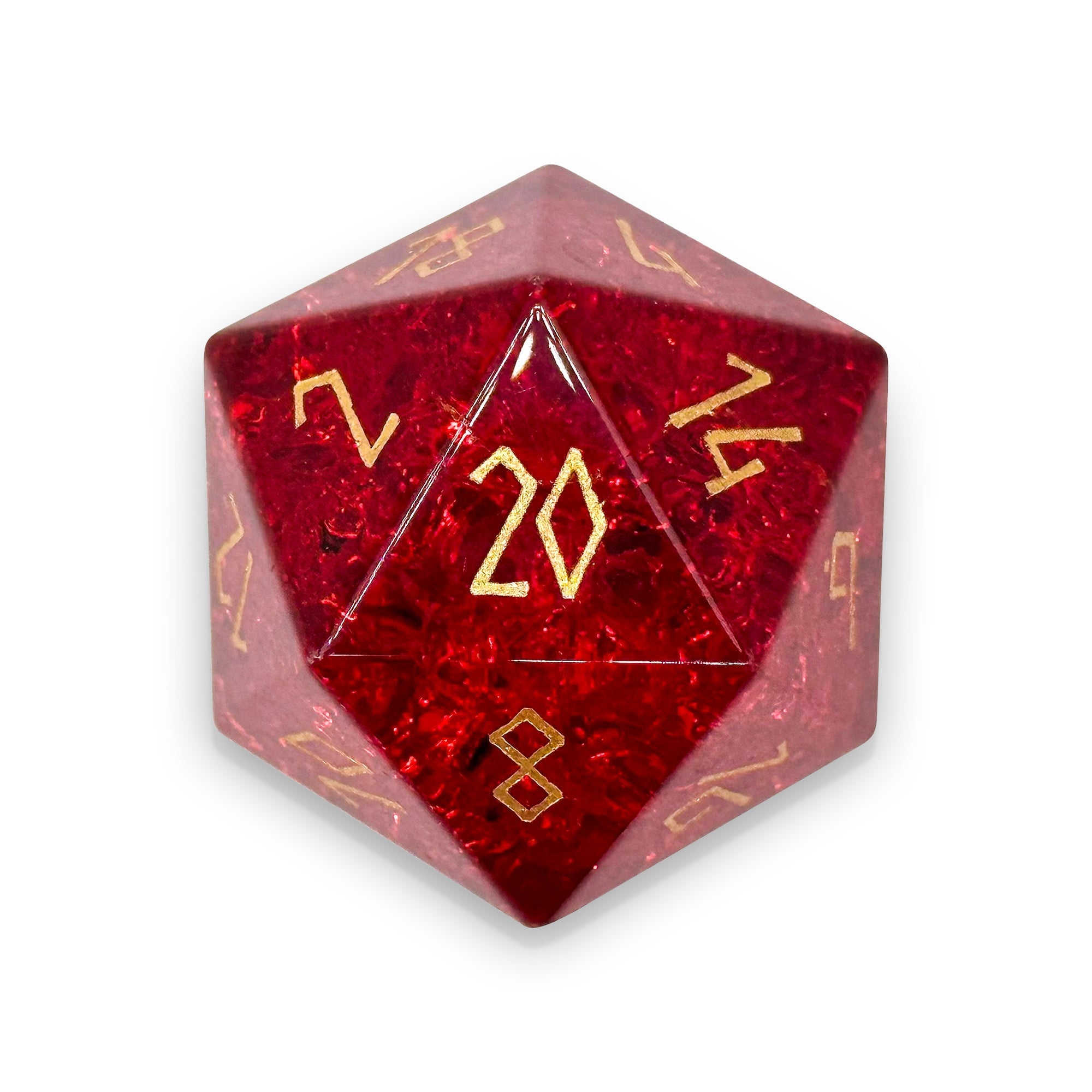Shattered Zircon Garnet - Gold Font Boulder® 30mm Glass Dice-Glass Dice-Norse Foundry-DND Dice-Glass Dice-D20-Glass D20-Collectible D20 Dice-Giant D20 for DnD