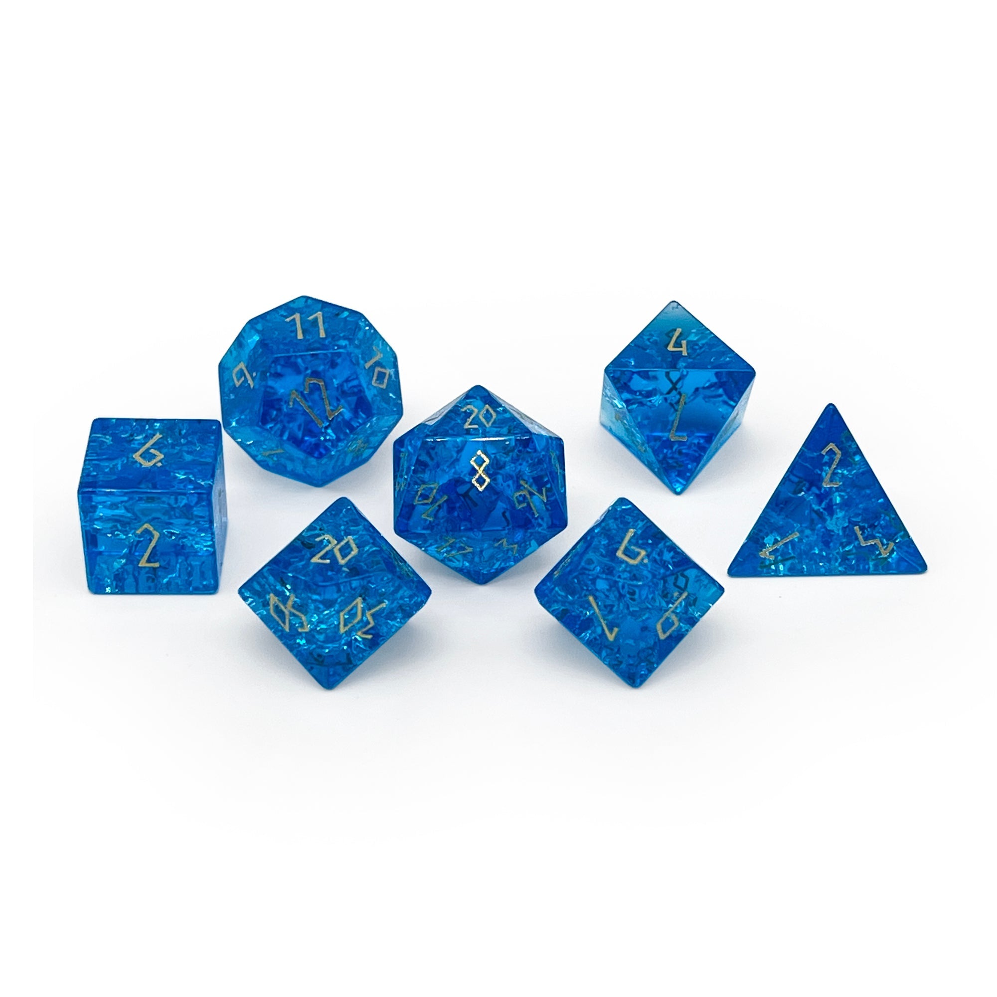 Shattered Zircon Sapphire - 7 Piece RPG Set Zircon Glass Dice-Glass Dice-Norse Foundry-Norse Foundry-zircon glass dice-dungeons & dragons-d&d dice set-rpg dice set-glass dice set-d&d-perfect for tabletop rpgs