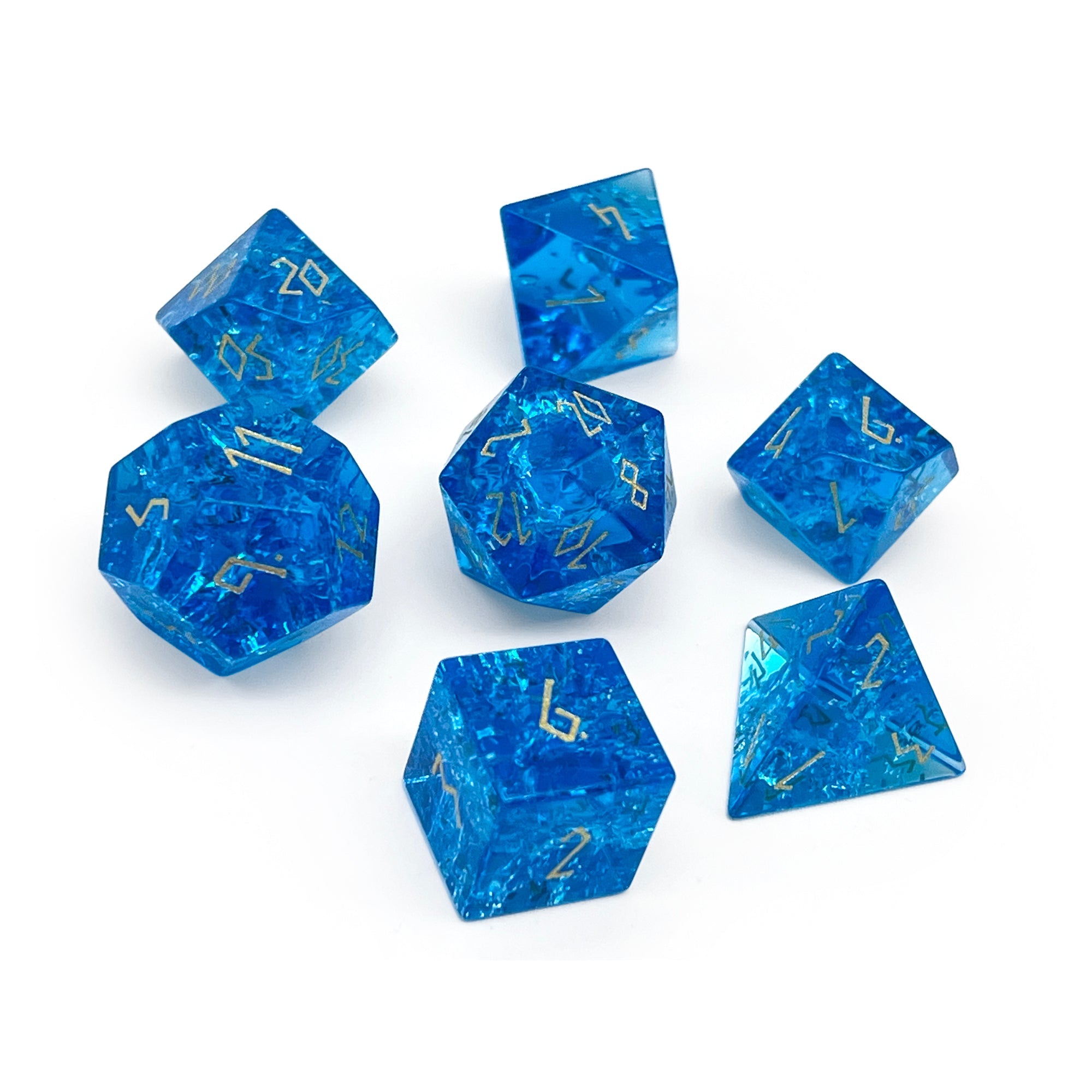 Shattered Zircon Sapphire - 7 Piece RPG Set Zircon Glass Dice-Glass Dice-Norse Foundry-Norse Foundry-zircon glass dice-dungeons & dragons-d&d dice set-rpg dice set-glass dice set-d&d-perfect for tabletop rpgs