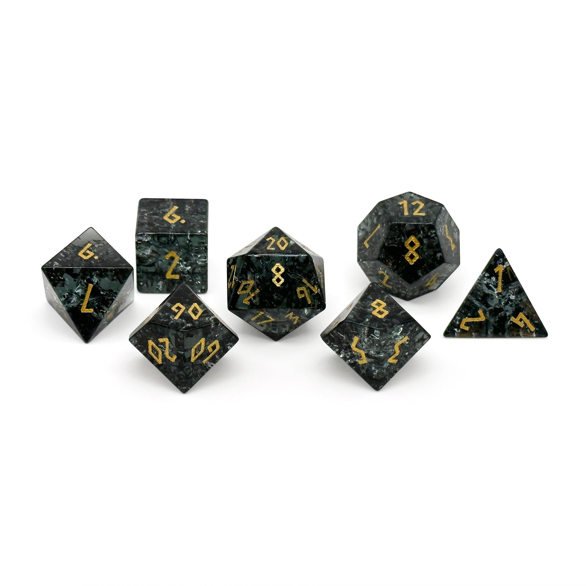 Shattered Zircon Smoke - 7 Piece RPG Set Zircon Glass Dice-Glass Dice-Norse Foundry-Norse Foundry-zircon glass dice-dungeons & dragons-d&d dice set-rpg dice set-glass dice set-d&d-perfect for tabletop rpgs