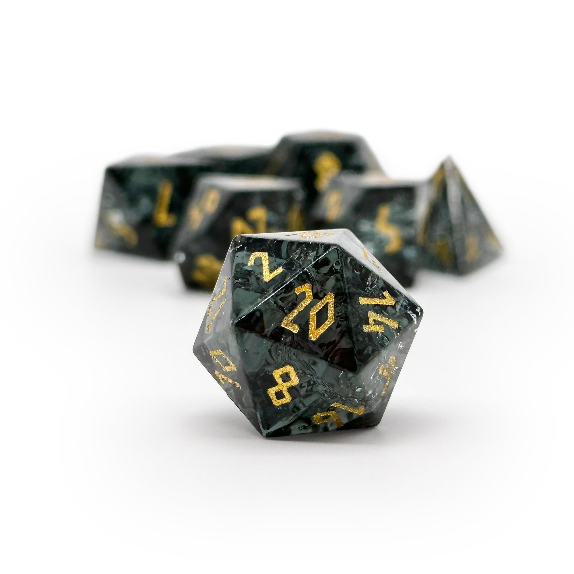 Shattered Zircon Smoke - 7 Piece RPG Set Zircon Glass Dice-Glass Dice-Norse Foundry-Norse Foundry-zircon glass dice-dungeons & dragons-d&d dice set-rpg dice set-glass dice set-d&d-perfect for tabletop rpgs