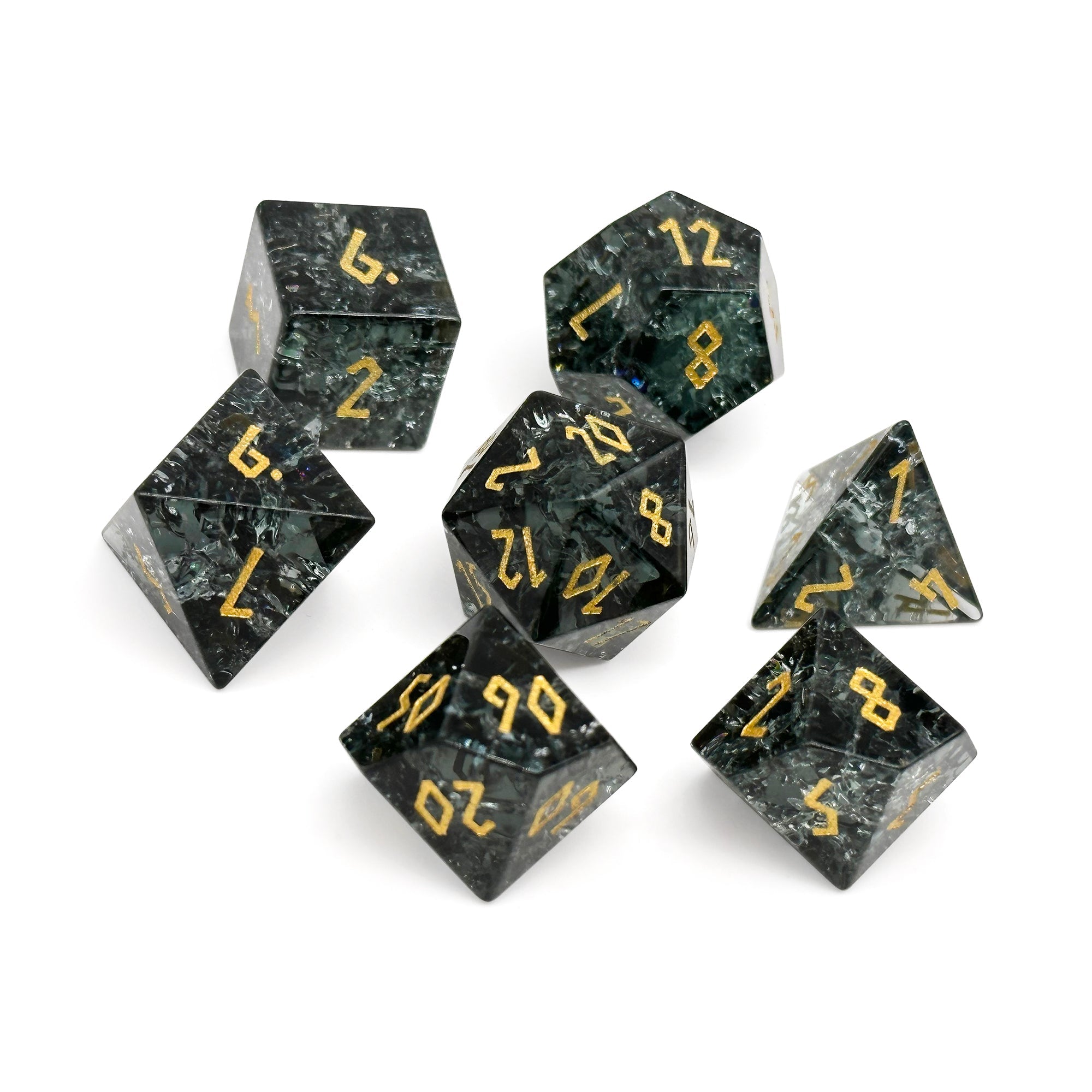 Shattered Zircon Smoke - 7 Piece RPG Set Zircon Glass Dice-Glass Dice-Norse Foundry-Norse Foundry-zircon glass dice-dungeons & dragons-d&d dice set-rpg dice set-glass dice set-d&d-perfect for tabletop rpgs