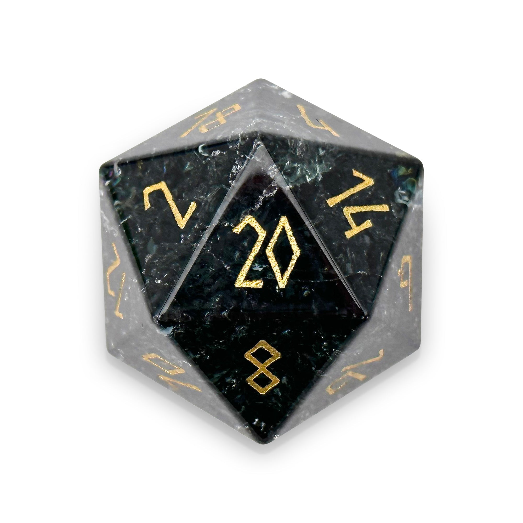 Shattered Zircon Smoke - Gold Font Boulder® 30mm Glass Dice-Glass Dice-Norse Foundry-DND Dice-Glass Dice-D20-Glass D20-Collectible D20 Dice-Giant D20 for DnD