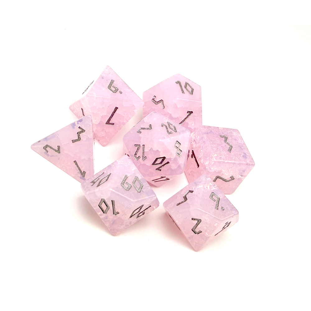 Shattered Pink Opalite - Silver Font 7 Piece RPG Set Gemstone Dice