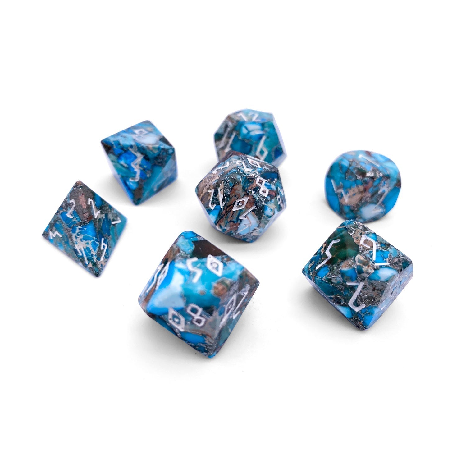Silver Blue Imperial Jasper - 7 Piece RPG Set TruStone Dice-TruStone Dice-Norse Foundry-Gemstone Dice-Dungeons & Dragons Dice-Gem Dice-DnD Dice-Gaming Dice-Perfect for Tabletop RPGs-Dice Set