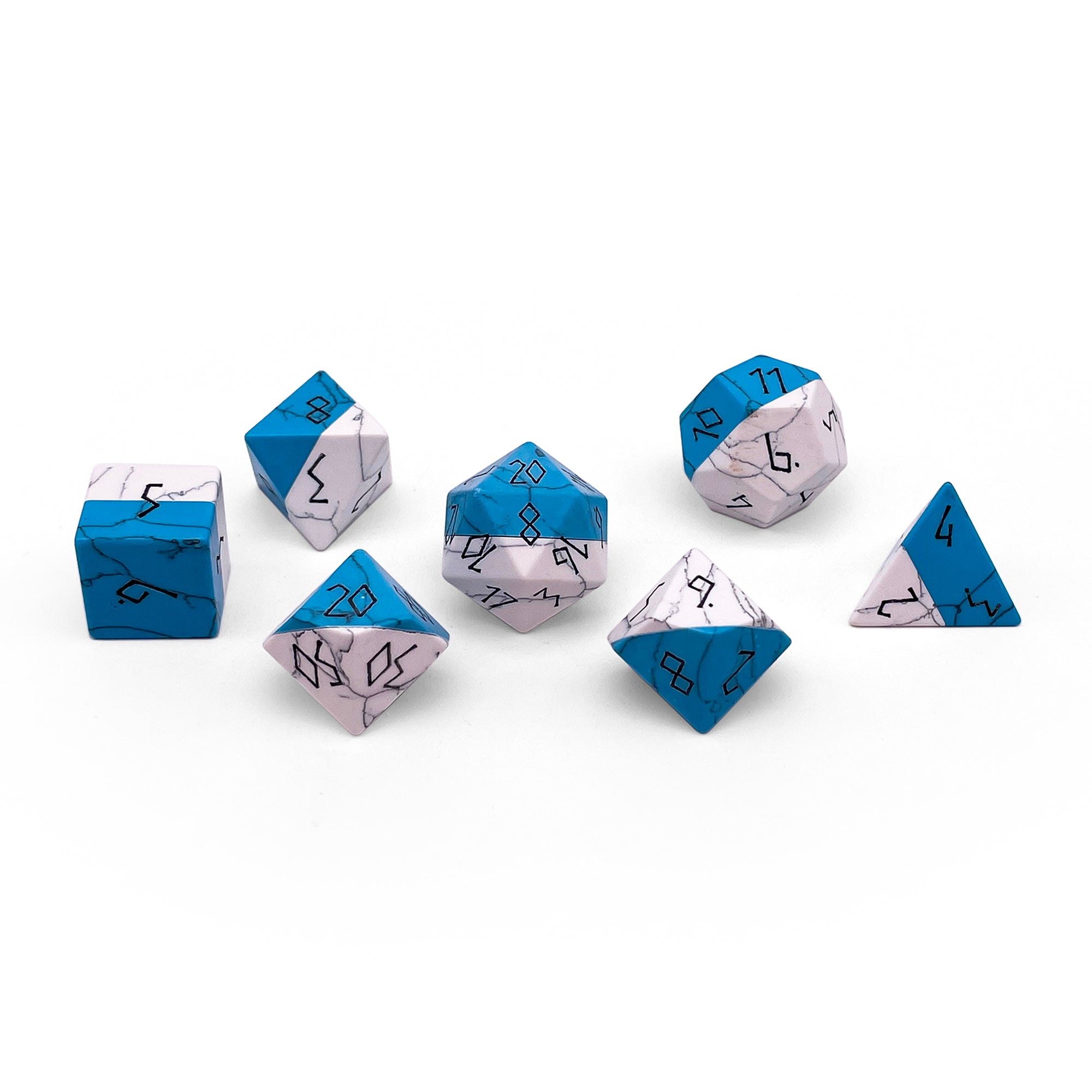 Split the Party - Blue and White Howlite 7 Piece RPG Set Gemstone Dice-Gemstone Dice-Norse Foundry-Gemstone Dice-Dungeons and Dragons Dice-Gem Dice-D&D Dice-Gaming Dice-Perfect for Tabletop RPGs-Dice Set
