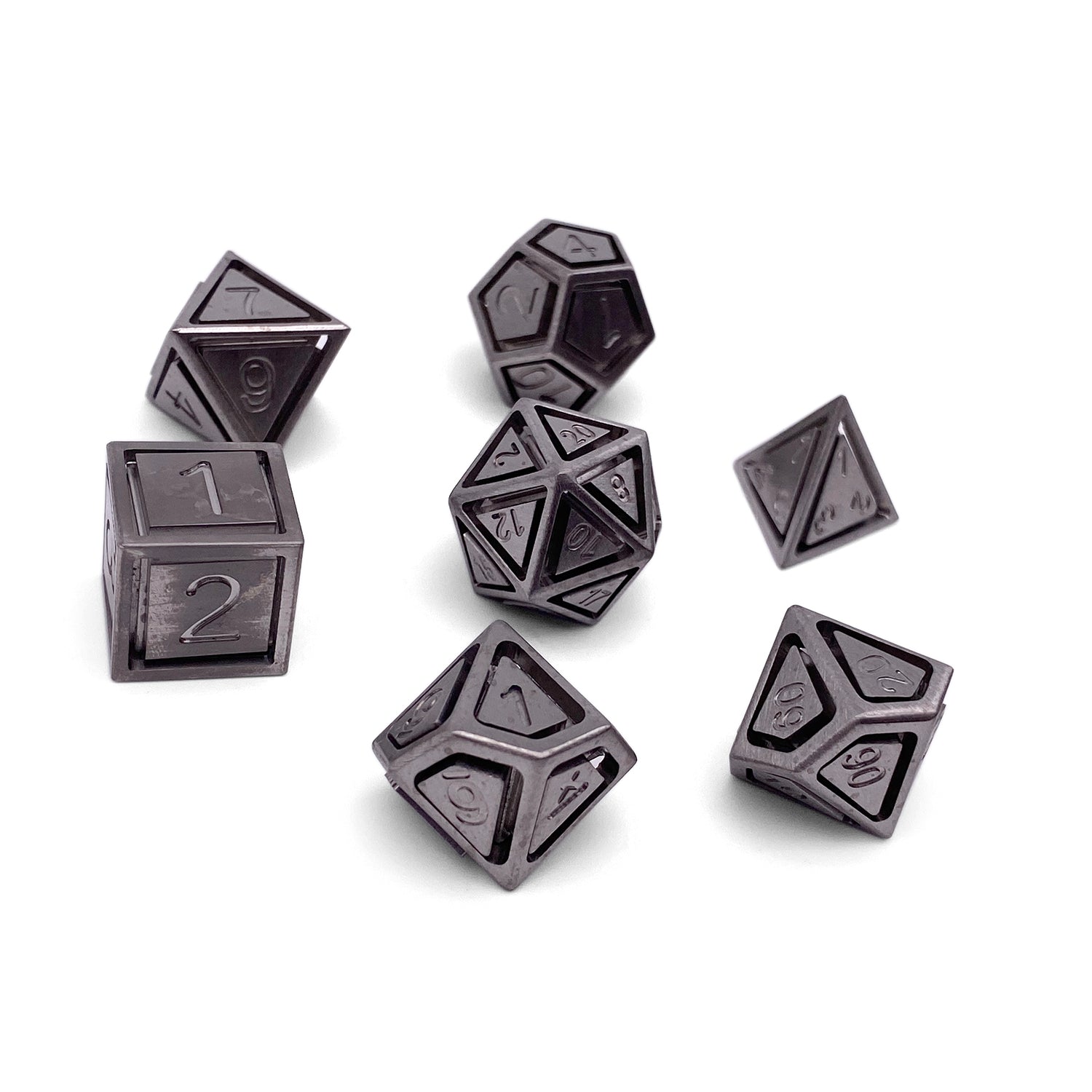 Stainless Steel - Nimbus™ 7 Piece RPG Set True Metal Dice-Metal Dice-Norse Foundry-Norse Foundry-dungeons & dragons-d&d dice set-rpg dice set-metal dice set-d&d-luxury dice-perfect for tabletop rpgs