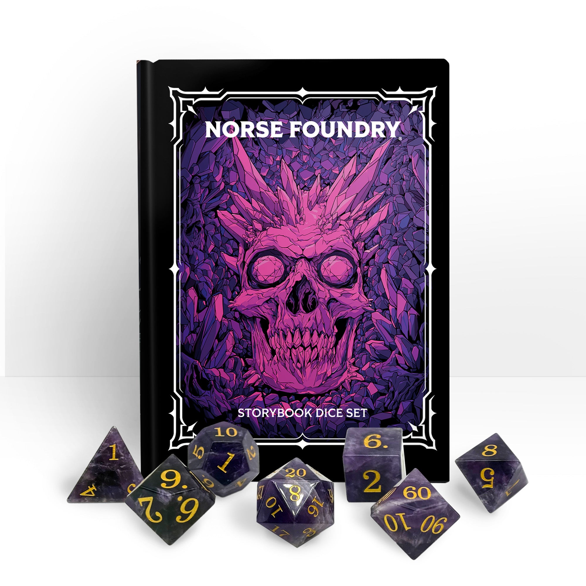 Storybook - Amethyst-Gemstone Dice-Norse Foundry-Norse Foundry-dungeons & dragons-d&d dice set-rpg dice set-gemstone dice set-d&d-tin book-perfect for tabletop rpgs