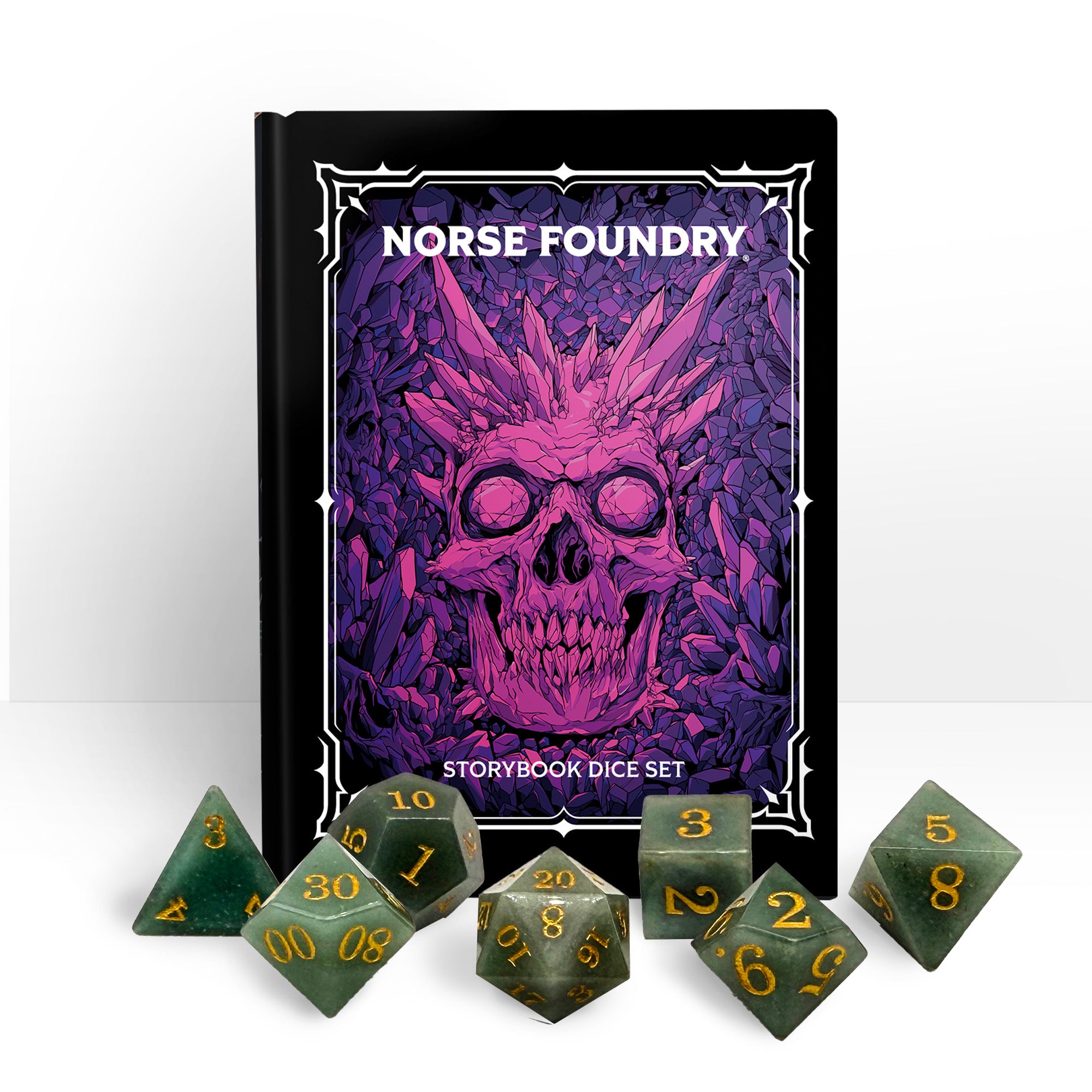 Storybook - Aventurine-Gemstone Dice-Norse Foundry -Norse Foundry-dungeons & dragons-d&d dice set-rpg dice set-gemstone dice set-d&d-tin book-perfect for tabletop rpgs