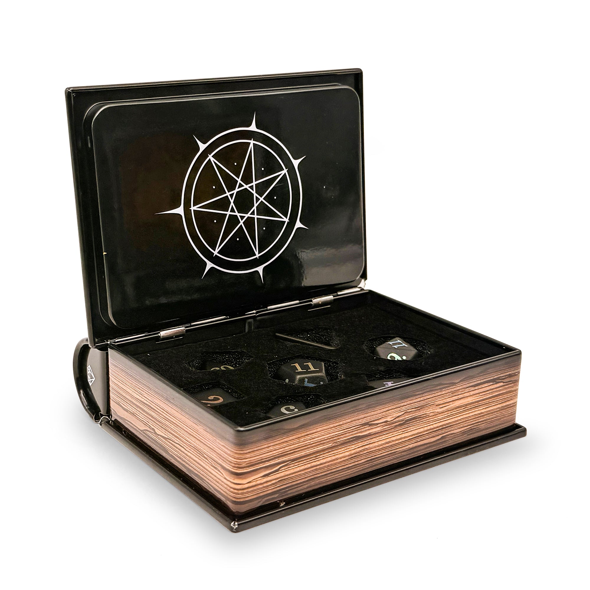 Wooden book-shaped box with black cover featuring a white pentagram design, containing two dice.