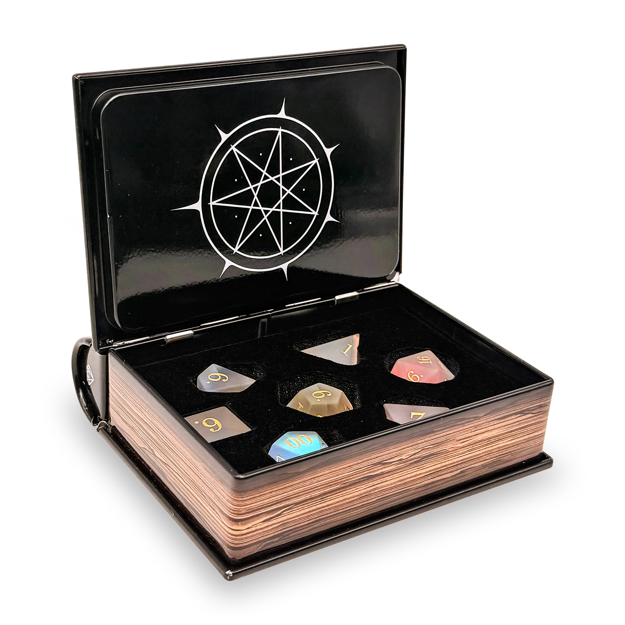 Set of dice in a black and wooden box with a pentagram design on the lid.