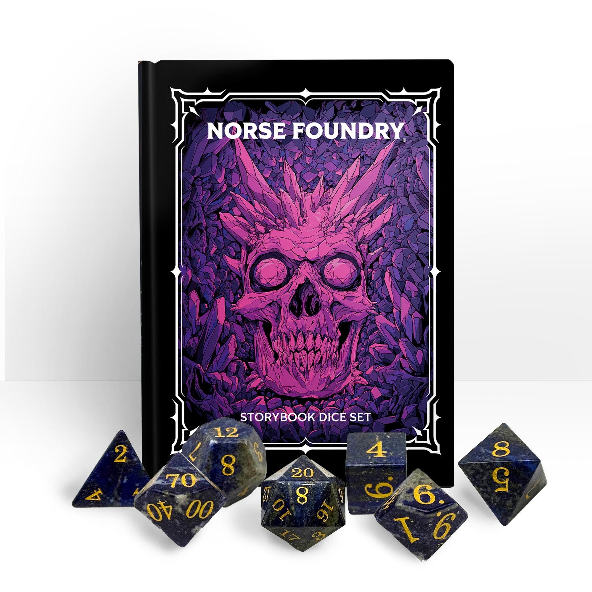 Storybook - Lapis Lazuli-Gemstone Dice-Norse Foundry -Norse Foundry-dungeons & dragons-d&d dice set-rpg dice set-gemstone dice set-d&d-tin book-perfect for tabletop rpgs