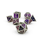 Set of metallic dice with purple and silver numbers on a white background