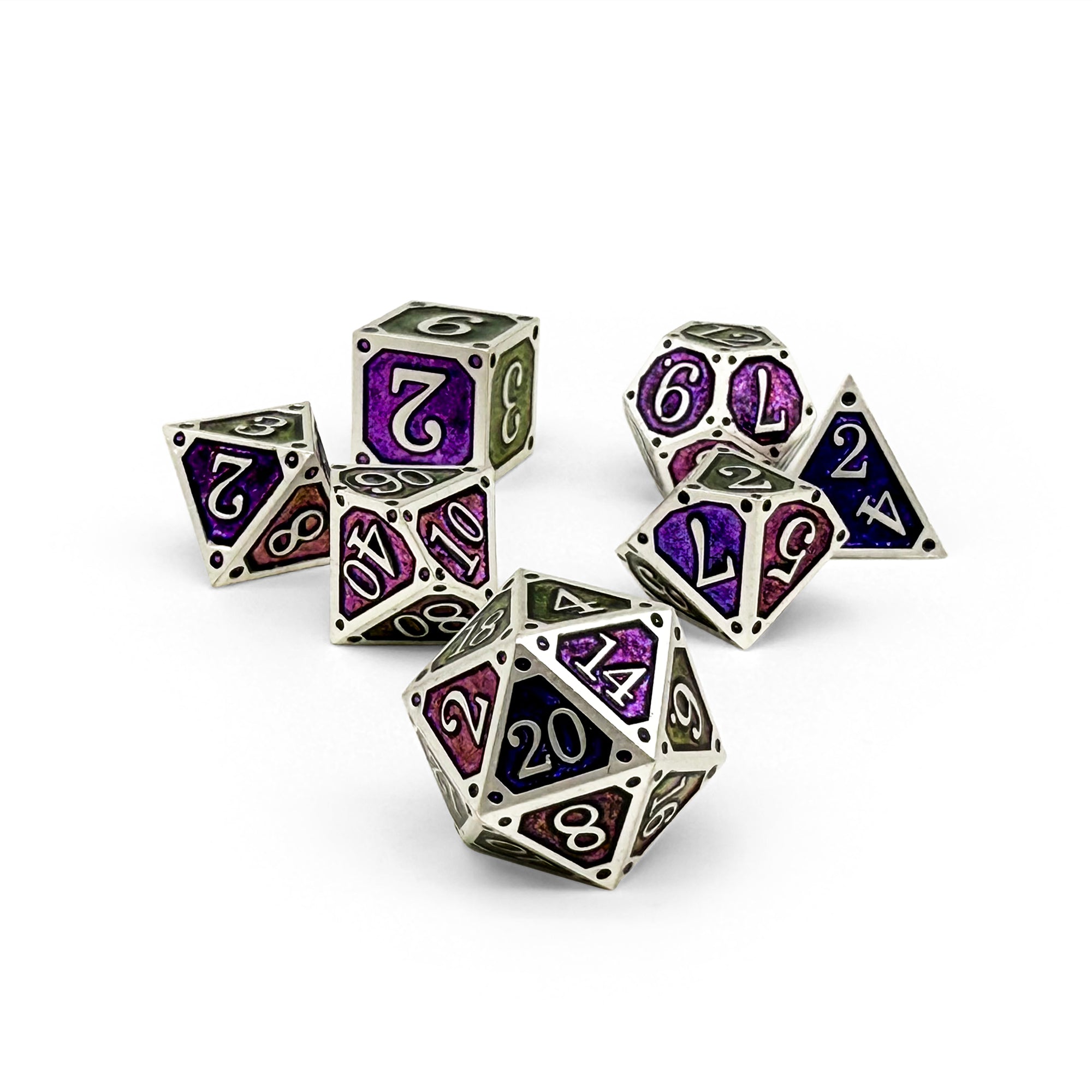 Set of metallic dice with purple and silver numbers on a white background
