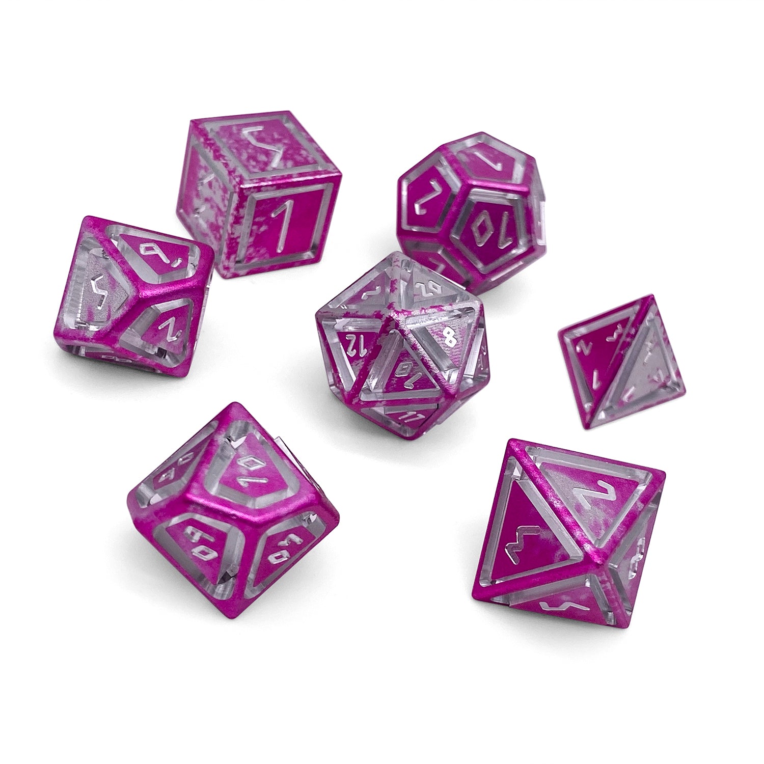 Sugar Bomb - Nimbus™ 7 Piece RPG Set 6063 Aluminum Wondrous Dice-Aluminum Dice-Norse Foundry-Norse Foundry-aluminum dice-dungeons & dragons-d&d dice set-rpg dice set-aluminum d&d dice set-d&d-lightweight-perfect for tabletop rpgs