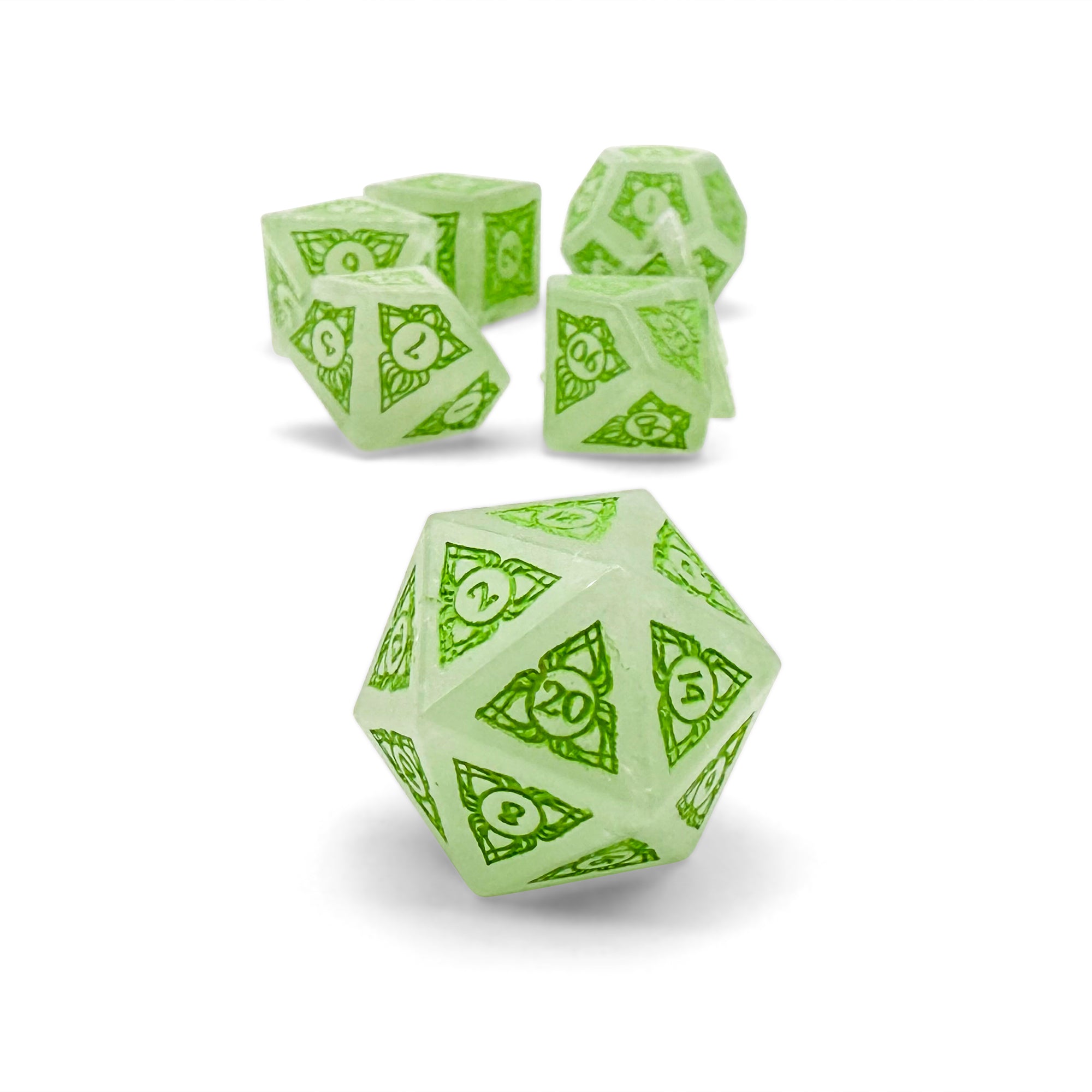 Sylvan Weaver - Clear Quartz - Green Font-Gemstone Dice-Norse Foundry-Norse Foundry-dungeons & dragons-d&d dice set-rpg dice set-gemstone dice set-d&d-perfect for tabletop rpgs