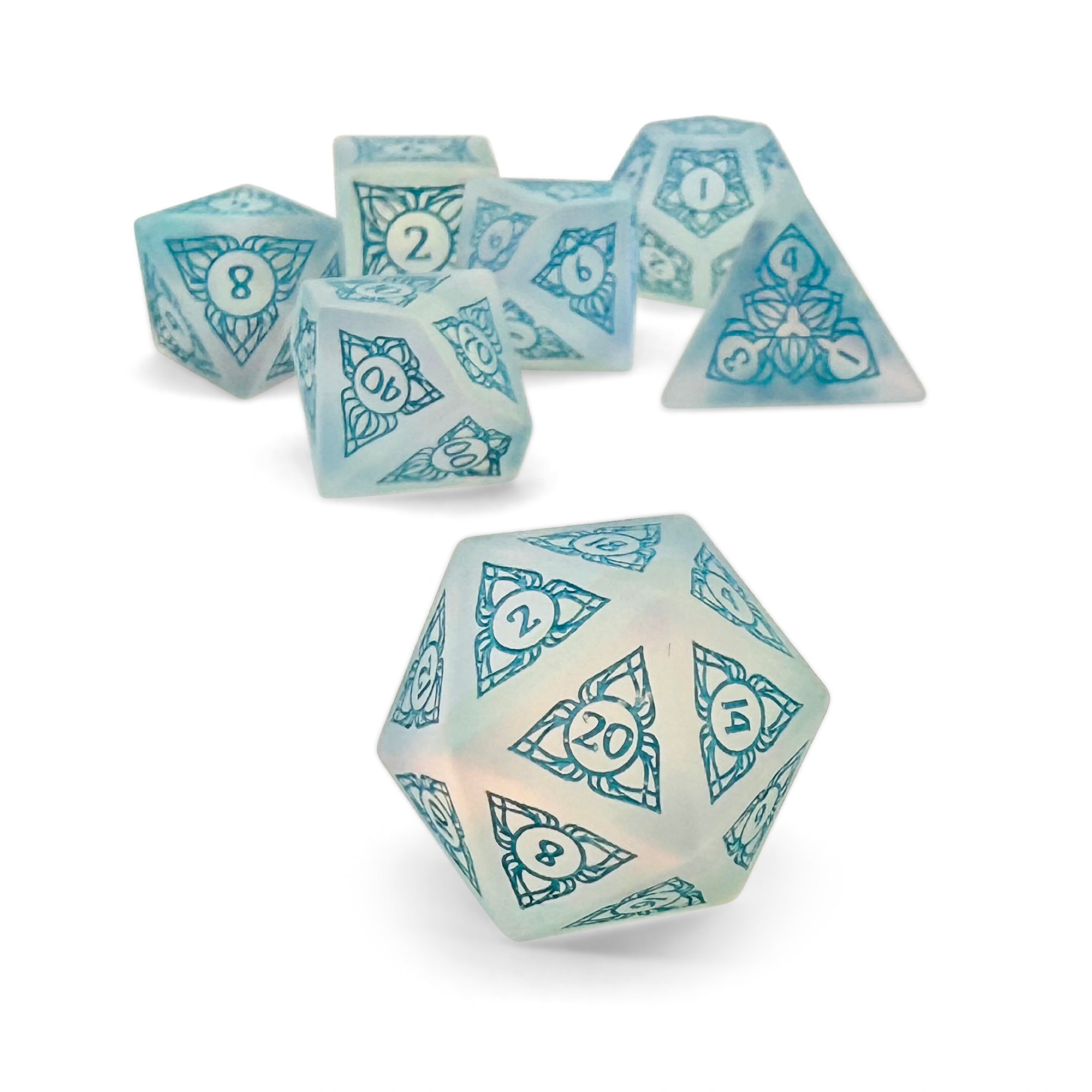 Sylvan Weaver - Frosted K9 - Blue Font-Glass Dice-Norse Foundry-Norse Foundry-glass dice-dungeons & dragons-d&d dice set-rpg dice set-glass dice set-d&d-perfect for tabletop rpgs