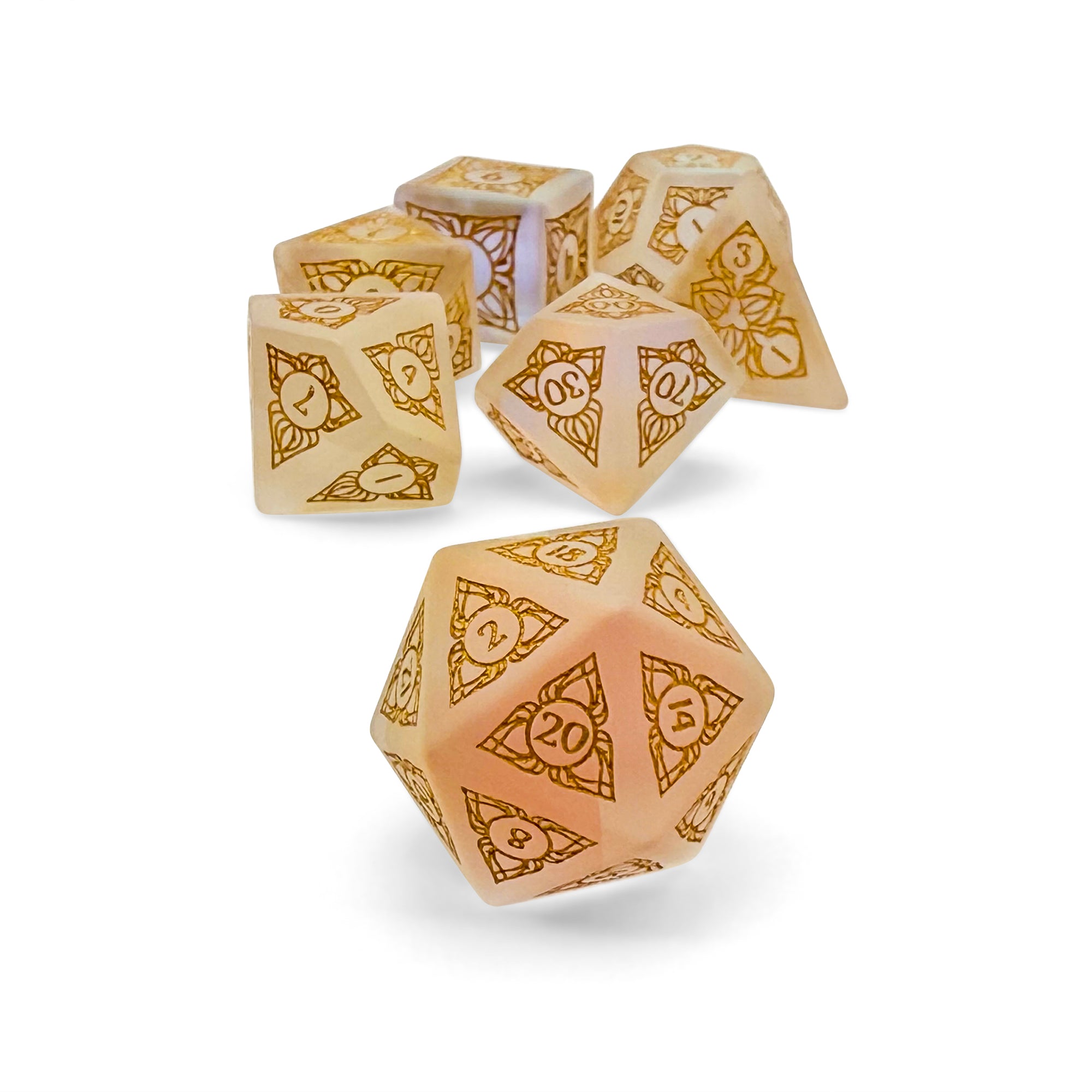 Sylvan Weaver - Frosted K9 - Gold Font-Glass Dice-Norse Foundry-Norse Foundry-glass dice-dungeons & dragons-d&d dice set-rpg dice set-glass dice set-d&d-perfect for tabletop rpgs