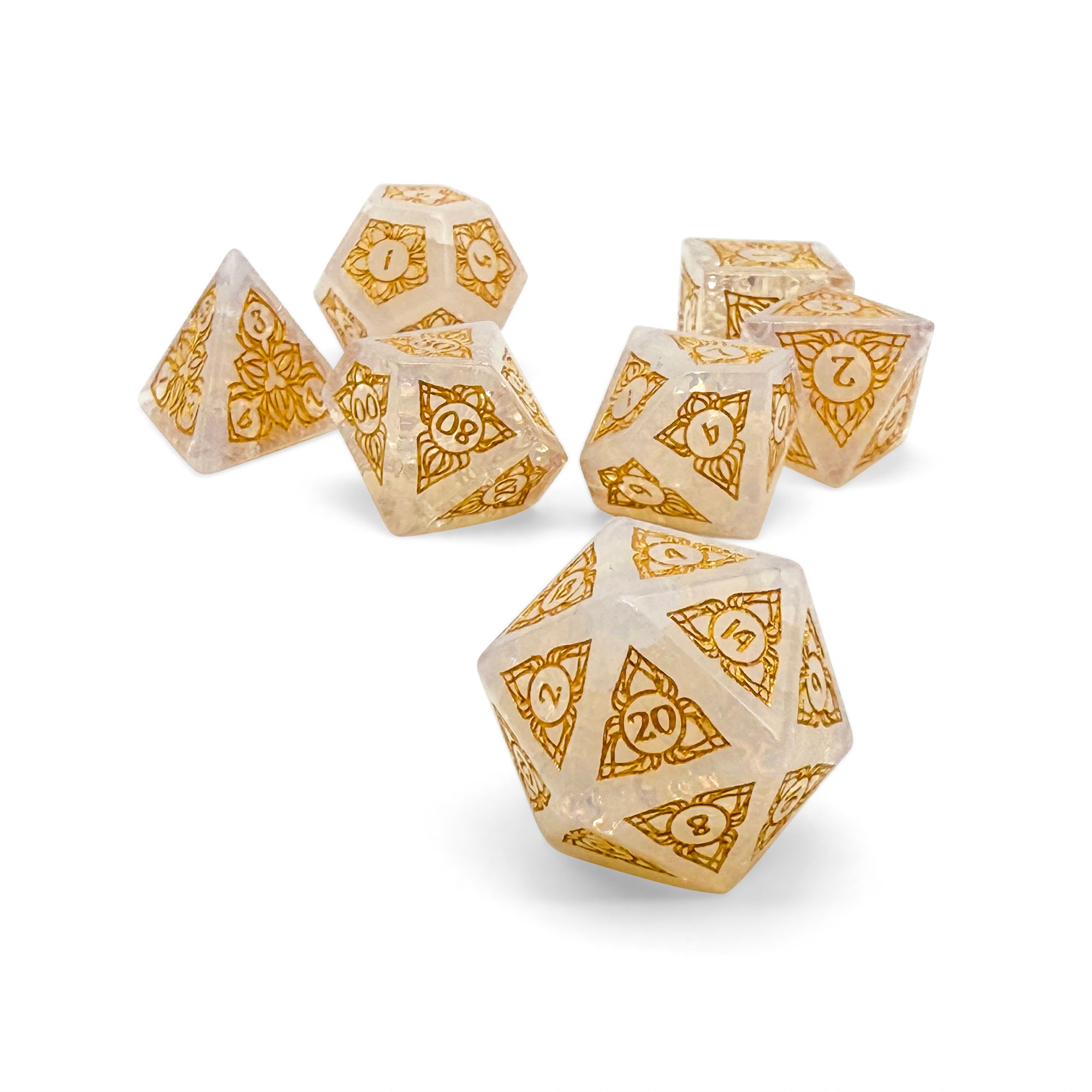 Sylvan Weaver - Shattered Opalite - Gold Font-Glass Dice-Norse Foundry-Dungeons and Dragons-DND Dice-D20-Dice Set-D&D-Perfect for Tabletop RPGs