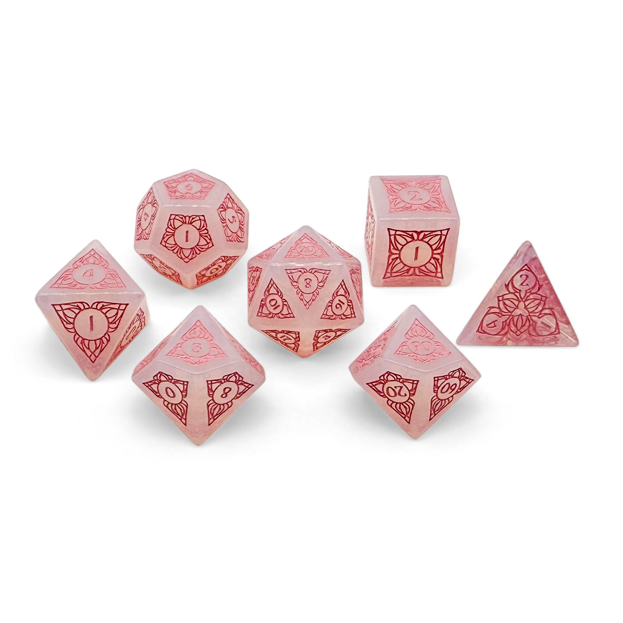 Sylvan Weaver - Shattered Opalite - Pink Font-Gemstone Dice-Norse Foundry-Dungeons and Dragons-D&D Dice-D20-Dice Set-DnD-Perfect for Tabletop RPGs