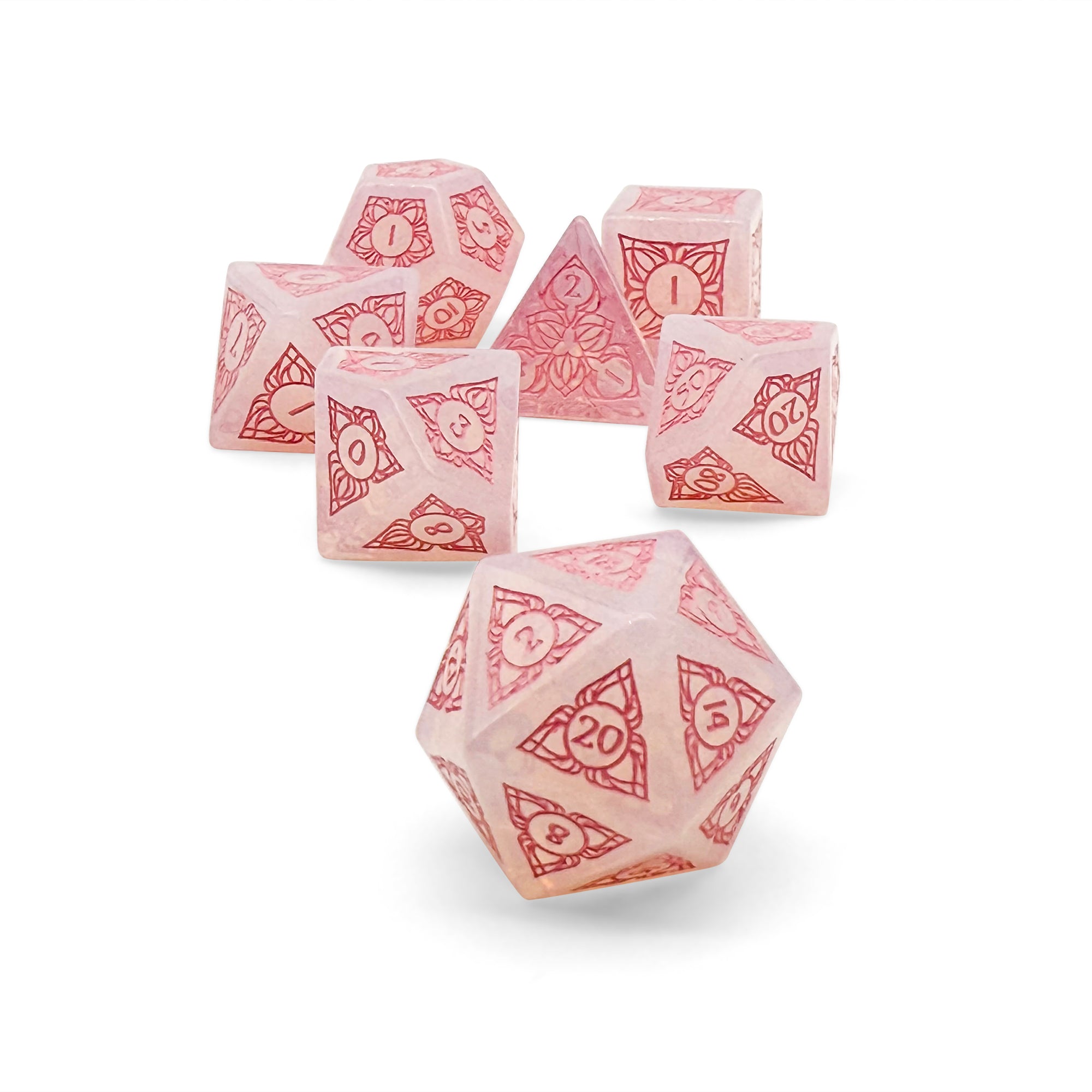 Sylvan Weaver - Shattered Opalite - Pink Font-Gemstone Dice-Norse Foundry-Norse Foundry-dungeons & dragons-d&d dice set-rpg dice set-gemstone dice set-d&d-perfect for tabletop rpgs