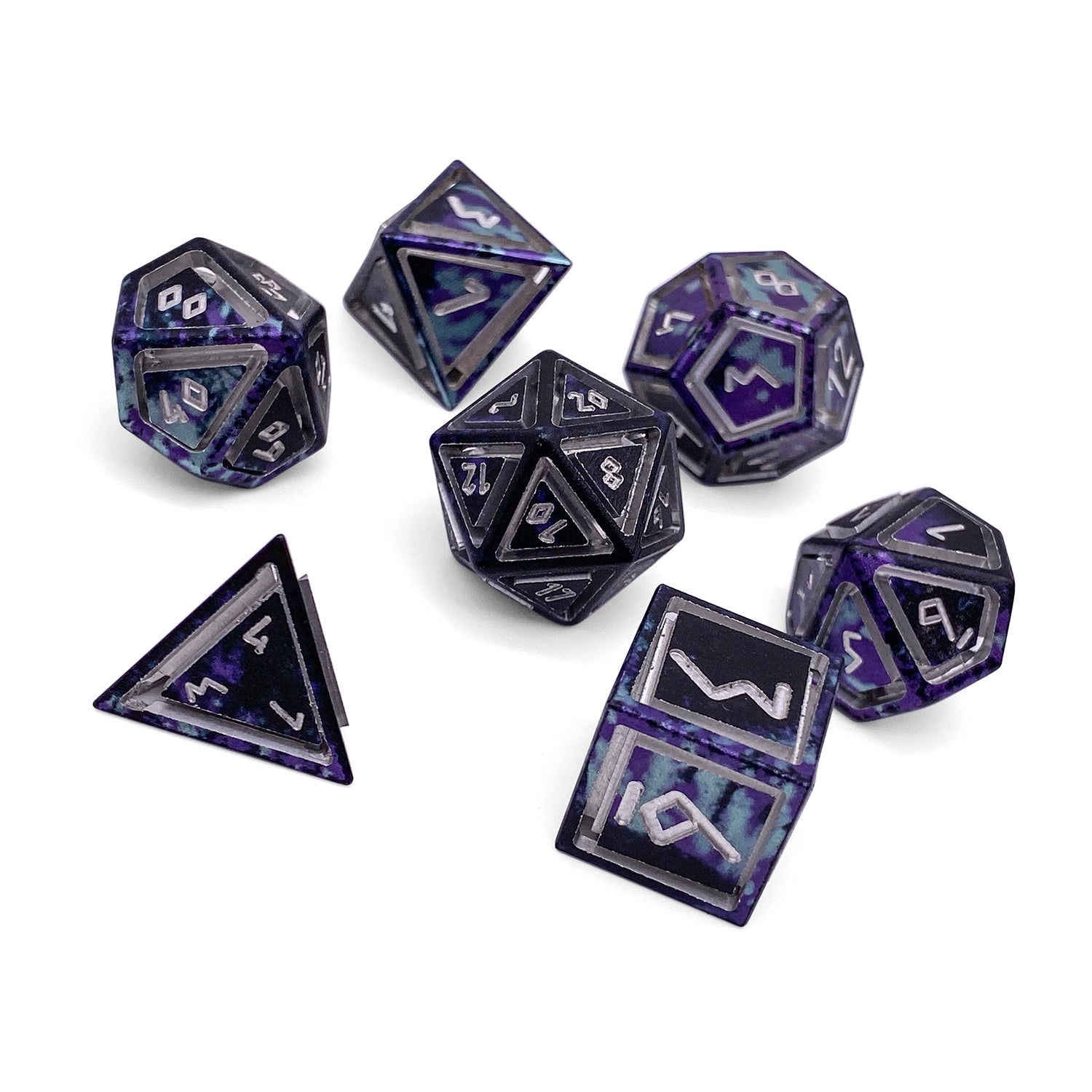 Witches Cauldron - Nimbus™ 7 Piece RPG Set 6063 Aluminum Wondrous Dice-Aluminum Dice-Norse Foundry-Norse Foundry-aluminum dice-dungeons & dragons-d&d dice set-rpg dice set-aluminum d&d dice set-d&d-lightweight-perfect for tabletop rpgs
