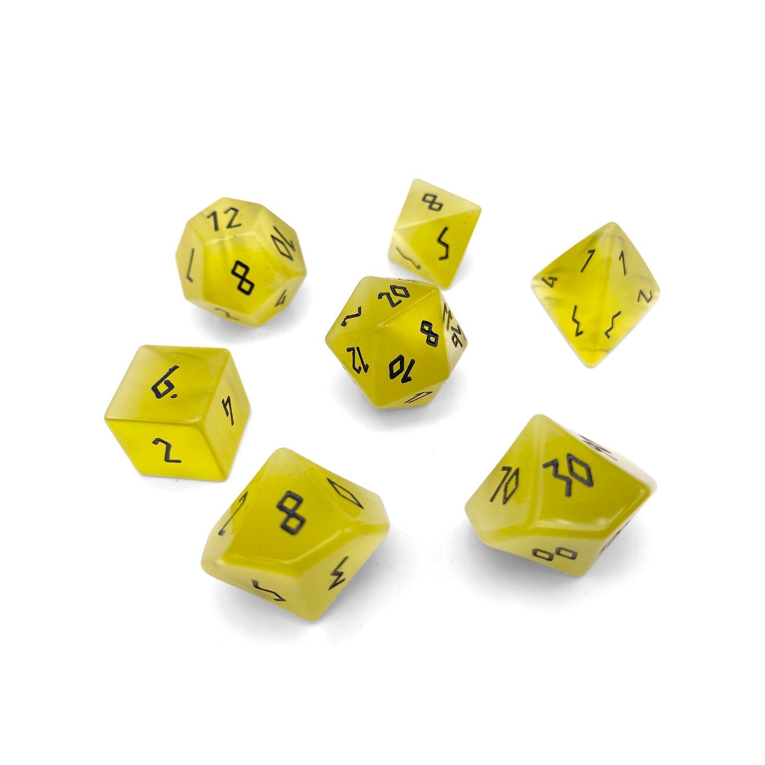 Yellow Cats Eye - 7 Piece RPG Set Glass Dice-Glass Dice-Norse Foundry-Norse Foundry-cat's eye glass dice-dungeons & dragons-d&d dice set-rpg dice set-glass dice set-d&d-perfect for tabletop rpgs