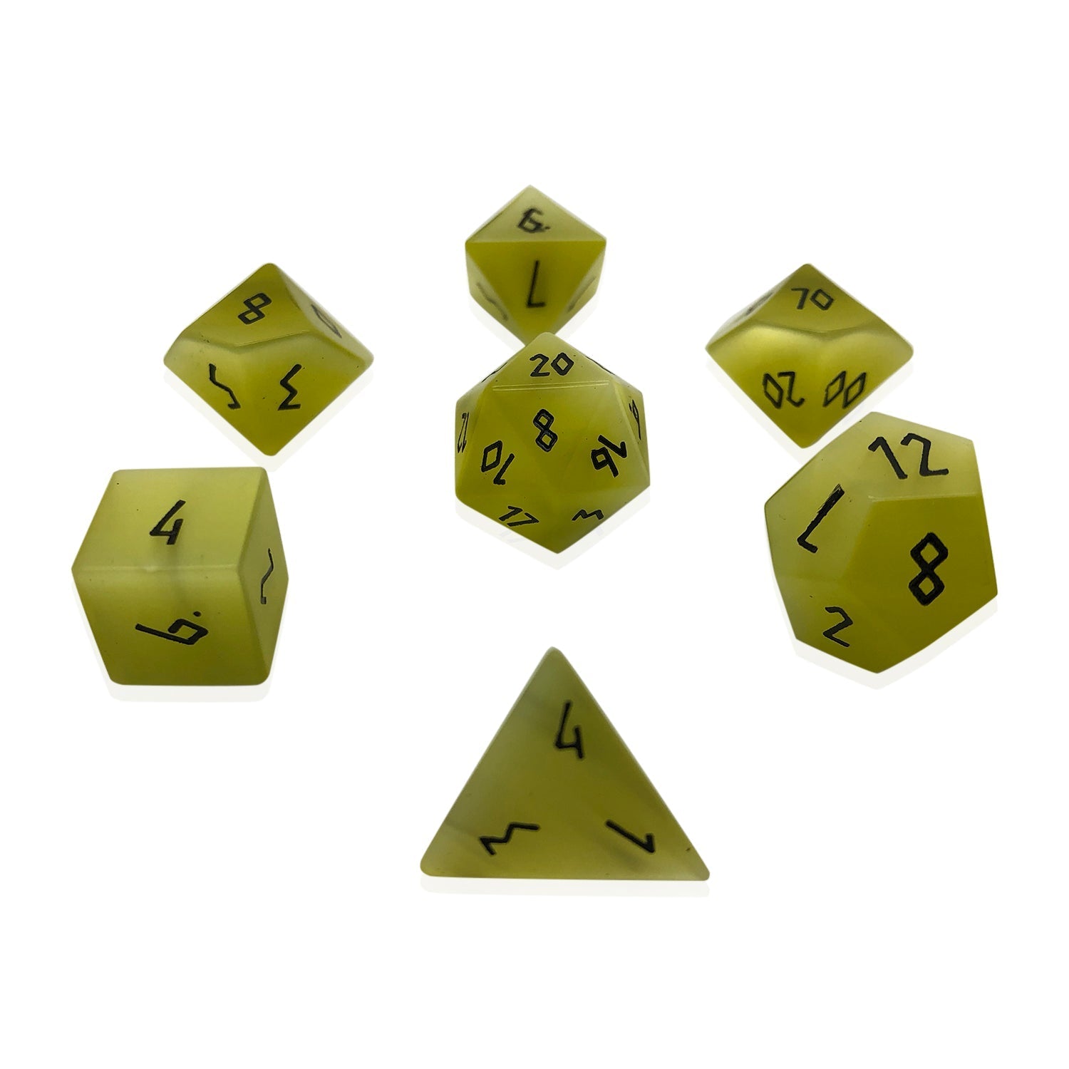 Yellow Cats Eye - 7 Piece RPG Set Glass Dice-Glass Dice-Norse Foundry-Norse Foundry-cat's eye glass dice-dungeons & dragons-d&d dice set-rpg dice set-glass dice set-d&d-perfect for tabletop rpgs