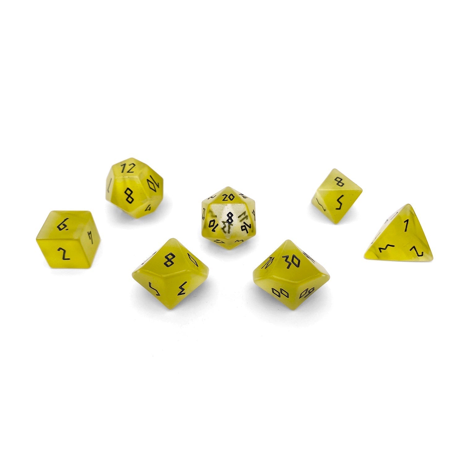Yellow Cats Eye - 7 Piece RPG Set Glass Dice-Glass Dice-Norse Foundry-Norse Foundry-cat's eye glass dice-dungeons & dragons-d&d dice set-rpg dice set-glass dice set-d&d-perfect for tabletop rpgs