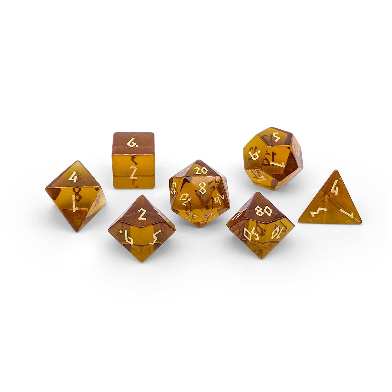 Zircon Amber Citrine - 7 Piece RPG Set Zircon Glass Dice-Glass Dice-Norse Foundry-Norse Foundry-zircon glass dice-dungeons & dragons-d&d dice set-rpg dice set-glass dice set-d&d-perfect for tabletop rpgs