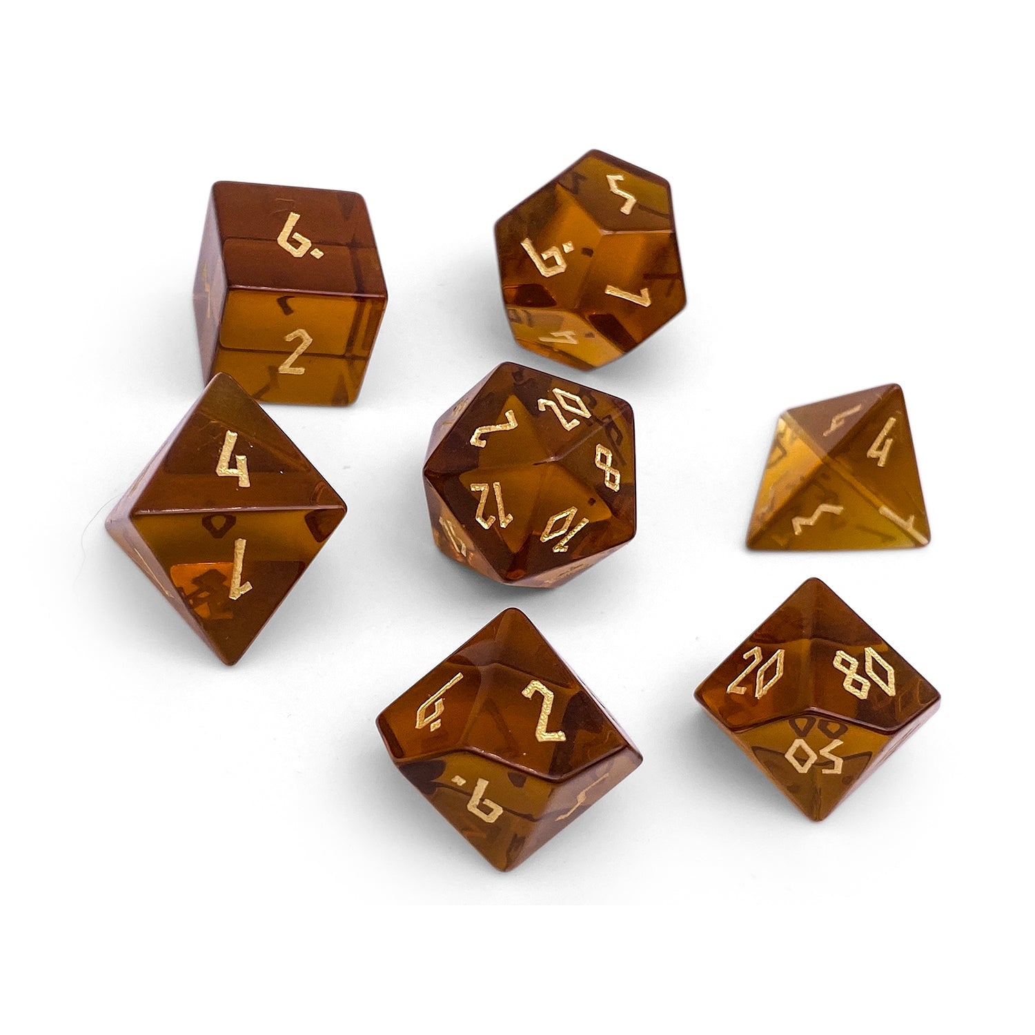 Zircon Amber Citrine - 7 Piece RPG Set Zircon Glass Dice-Glass Dice-Norse Foundry-Norse Foundry-zircon glass dice-dungeons & dragons-d&d dice set-rpg dice set-glass dice set-d&d-perfect for tabletop rpgs