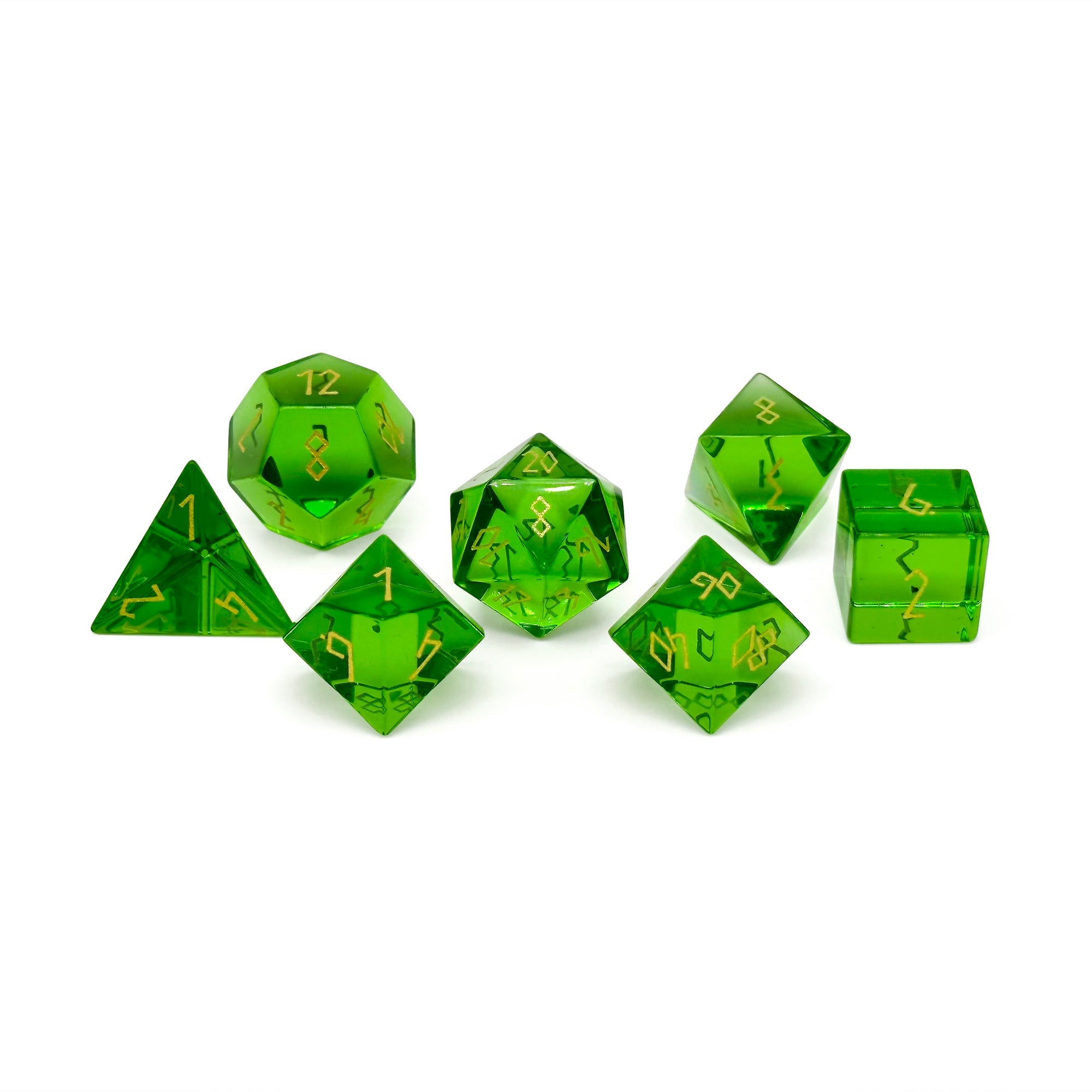 Zircon Emerald - Gold Font 7 Piece RPG Set Zircon Glass Dice-Glass Dice-Norse Foundry-Norse Foundry-zircon glass dice-dungeons & dragons-d&d dice set-rpg dice set-glass dice set-d&d-perfect for tabletop rpgs