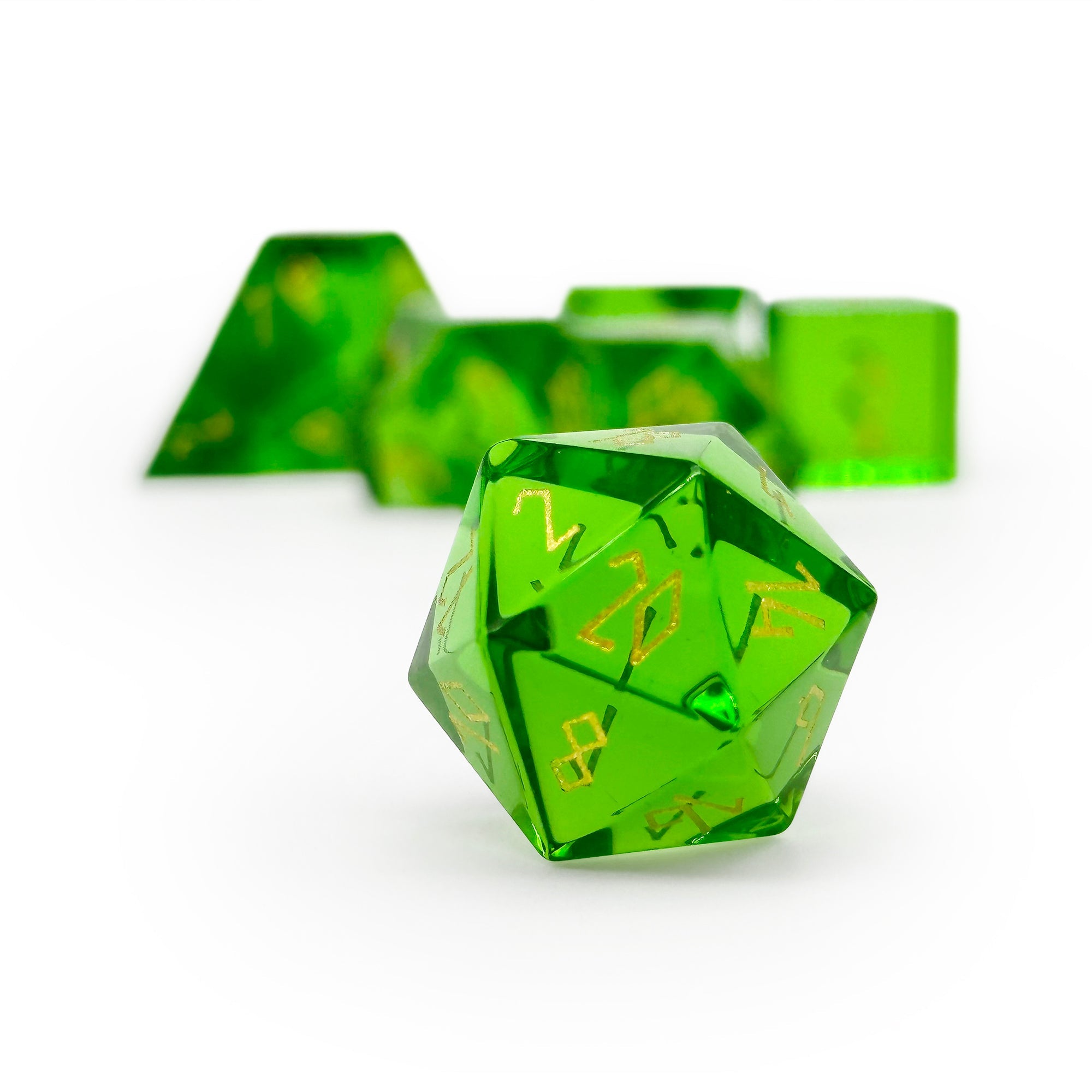 Zircon Emerald - Gold Font 7 Piece RPG Set Zircon Glass Dice-Glass Dice-Norse Foundry-Norse Foundry-zircon glass dice-dungeons & dragons-d&d dice set-rpg dice set-glass dice set-d&d-perfect for tabletop rpgs