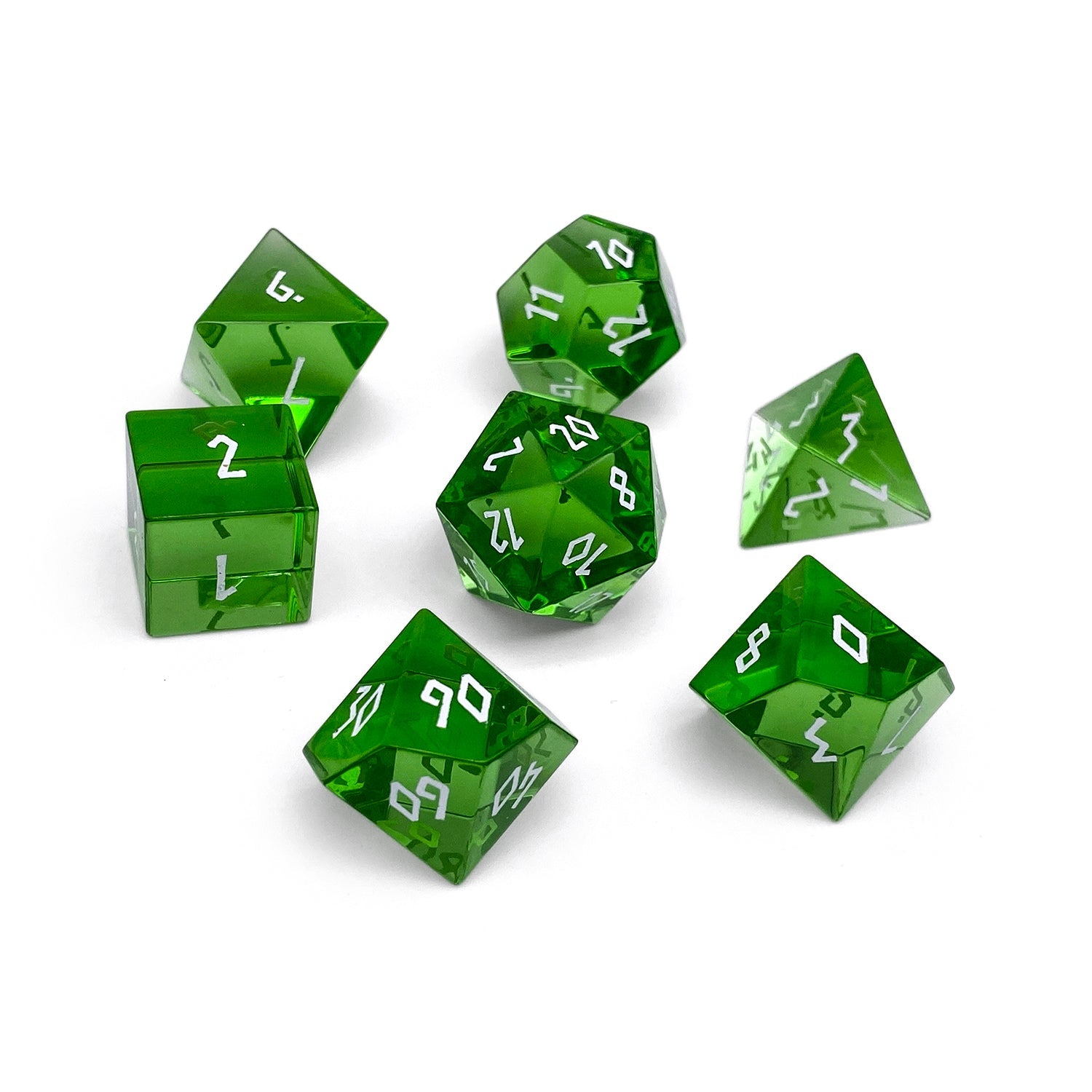 Zircon Emerald - White Font 7 Piece RPG Set Zircon Glass Dice-Glass Dice-Norse Foundry-Norse Foundry-zircon glass dice-dungeons & dragons-d&d dice set-rpg dice set-glass dice set-d&d-perfect for tabletop rpgs