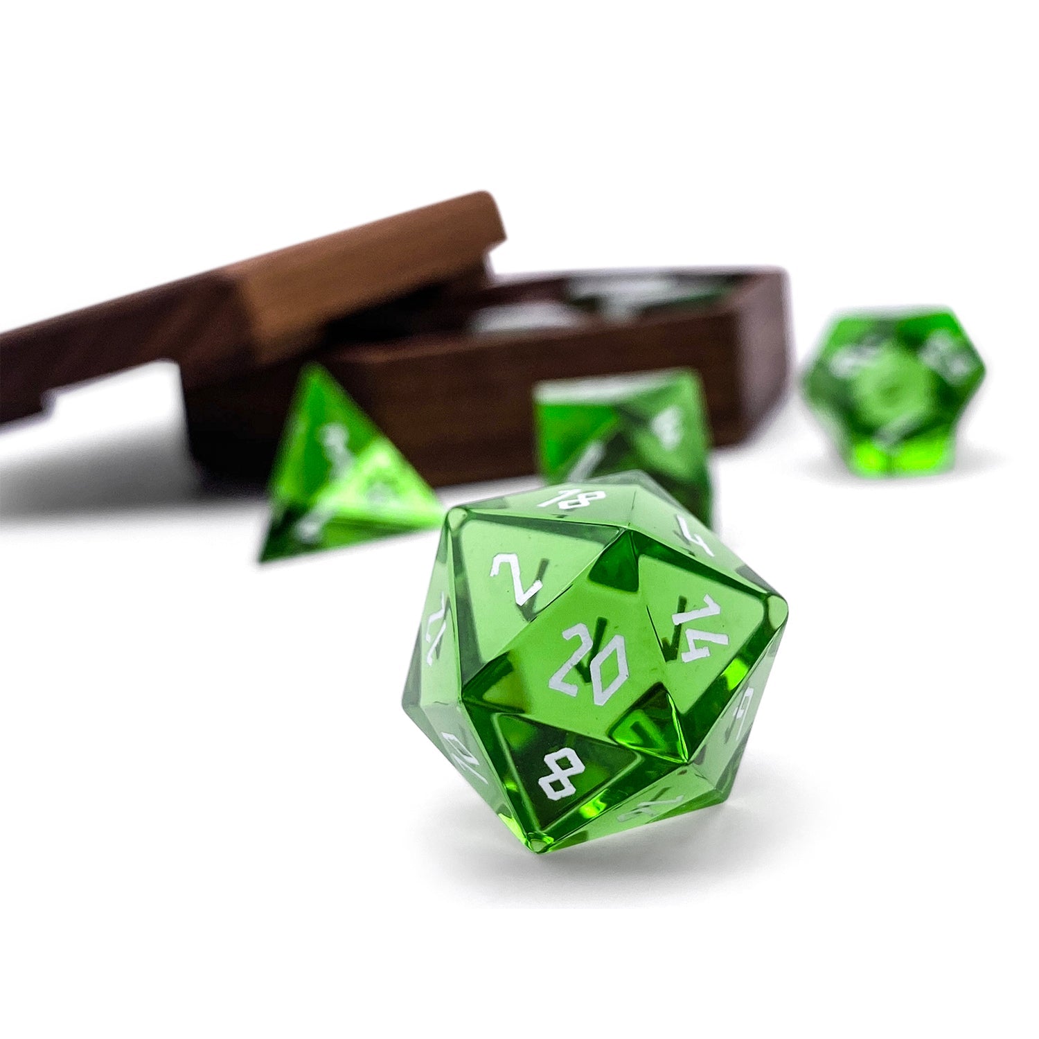 Zircon Emerald - White Font 7 Piece RPG Set Zircon Glass Dice-Glass Dice-Norse Foundry-Norse Foundry-zircon glass dice-dungeons & dragons-d&d dice set-rpg dice set-glass dice set-d&d-perfect for tabletop rpgs