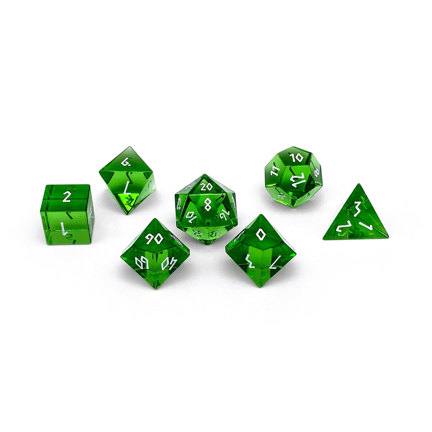 Zircon Emerald - White Font 7 Piece RPG Set Zircon Glass Dice-Glass Dice-Norse Foundry-Norse Foundry-zircon glass dice-dungeons & dragons-d&d dice set-rpg dice set-glass dice set-d&d-perfect for tabletop rpgs