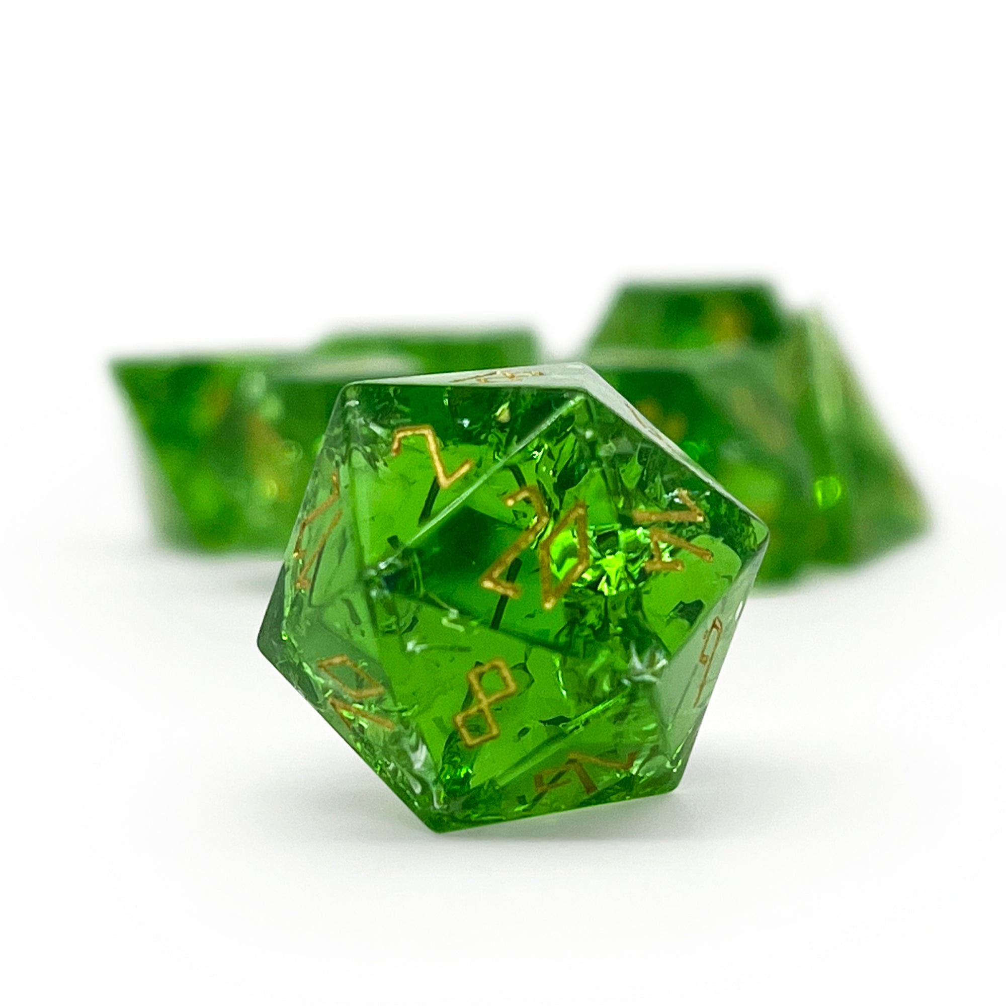 Shattered Zircon Emerald - Gold Font 7 Piece RPG Set Zircon Glass Dice