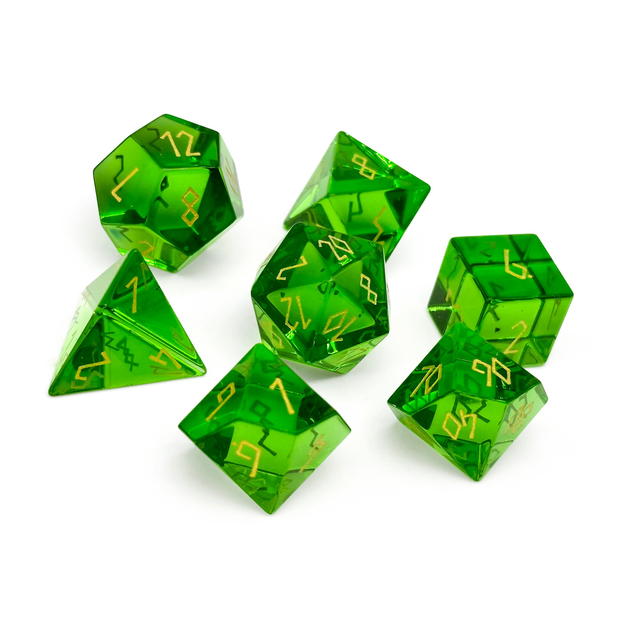 Zircon Emerald - Gold Font 7 Piece RPG Set Zircon Glass Dice