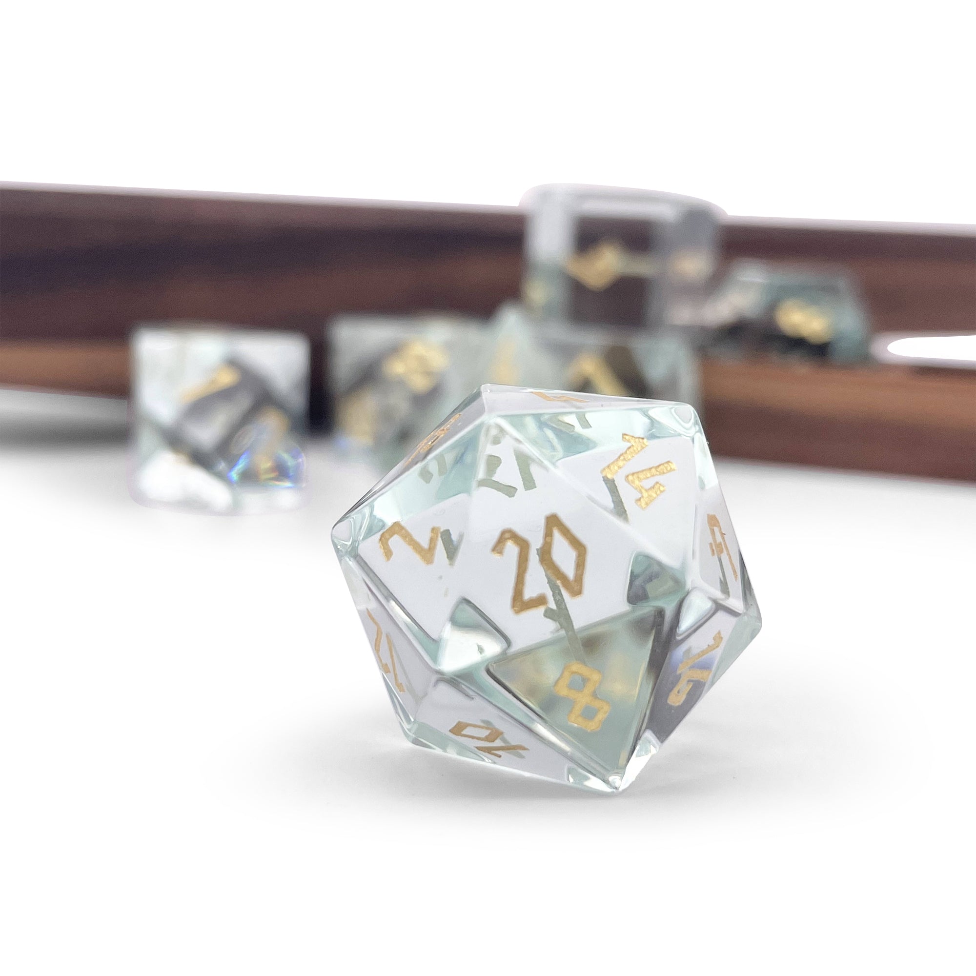 K9 Rainbow Glass - Gold Font - 7 Piece RPG Set Glass Dice - NOR 01542