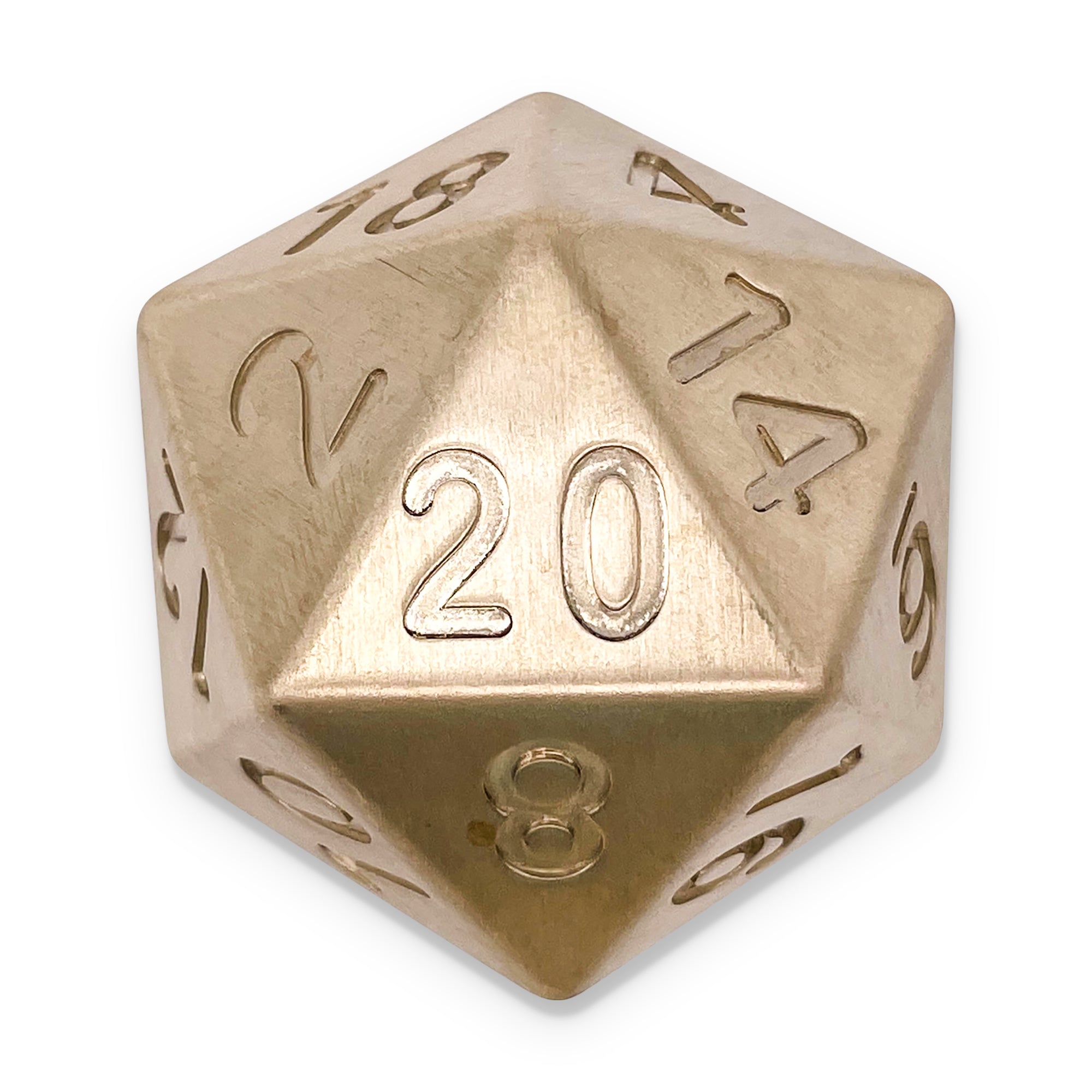 Brass - Boulder® 55mm True Metal Dice-Metal Dice-Norse Foundry-Regular Font-Norse Foundry-dungeons & dragons-d&d dice-rpg dice-d20-metal dice-d&d-55mm-oversize-boulder-luxury dice-perfect for tabletop rpgs