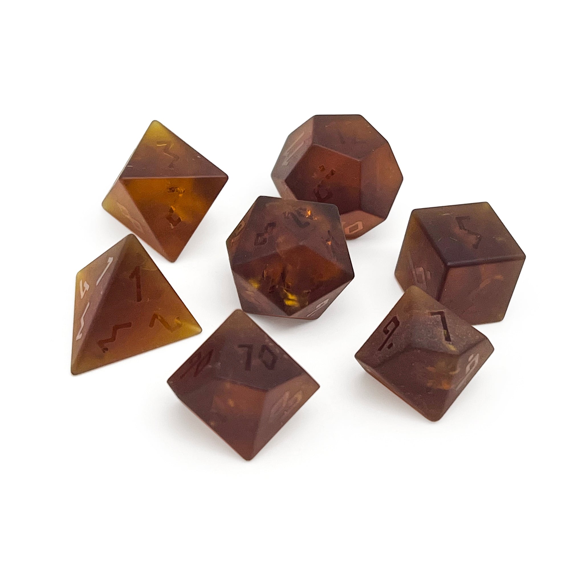Frosted Shattered Zircon Amber Citrine - Raised-Glass Dice-Norse Foundry-Norse Foundry-zircon glass dice-dungeons & dragons-d&d dice set-rpg dice set-glass dice set-d&d-perfect for tabletop rpgs
