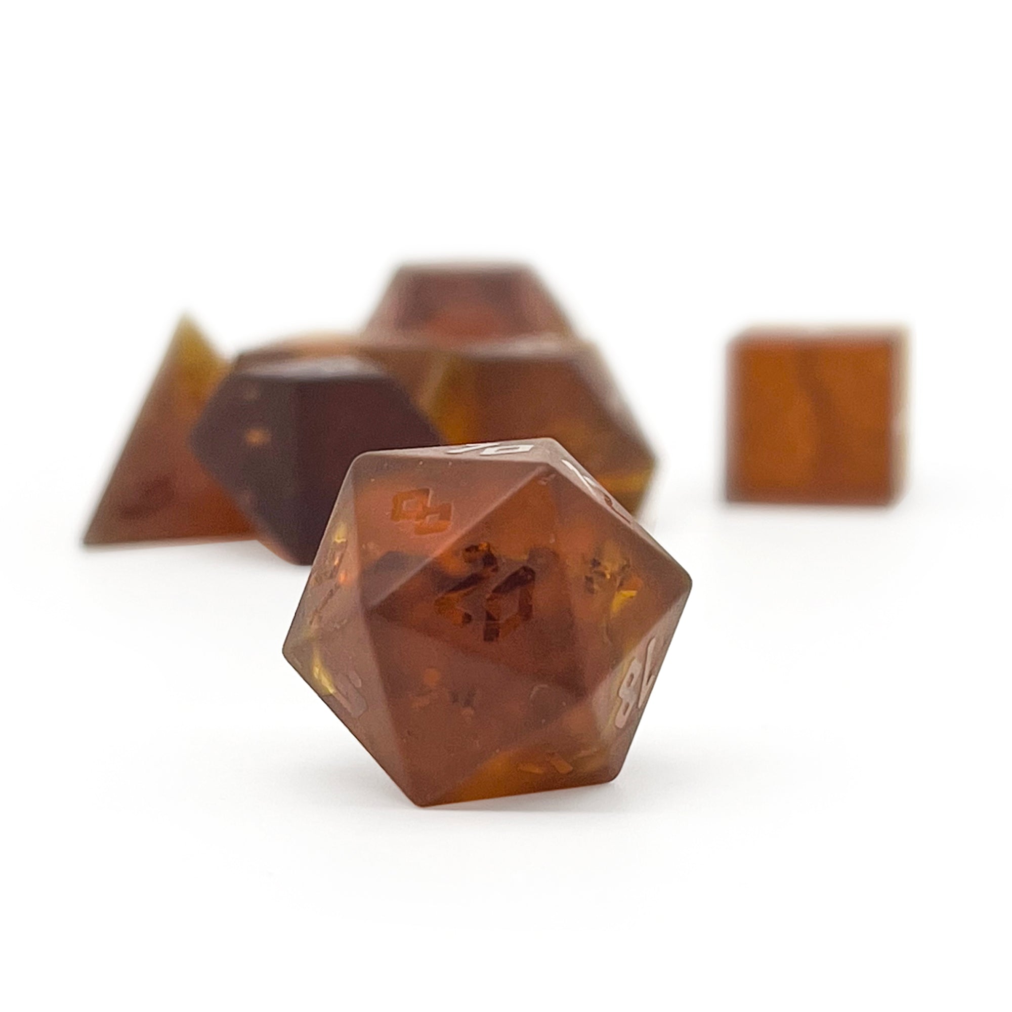 Frosted Shattered Zircon Amber Citrine - Raised-Glass Dice-Norse Foundry-Norse Foundry-zircon glass dice-dungeons & dragons-d&d dice set-rpg dice set-glass dice set-d&d-perfect for tabletop rpgs