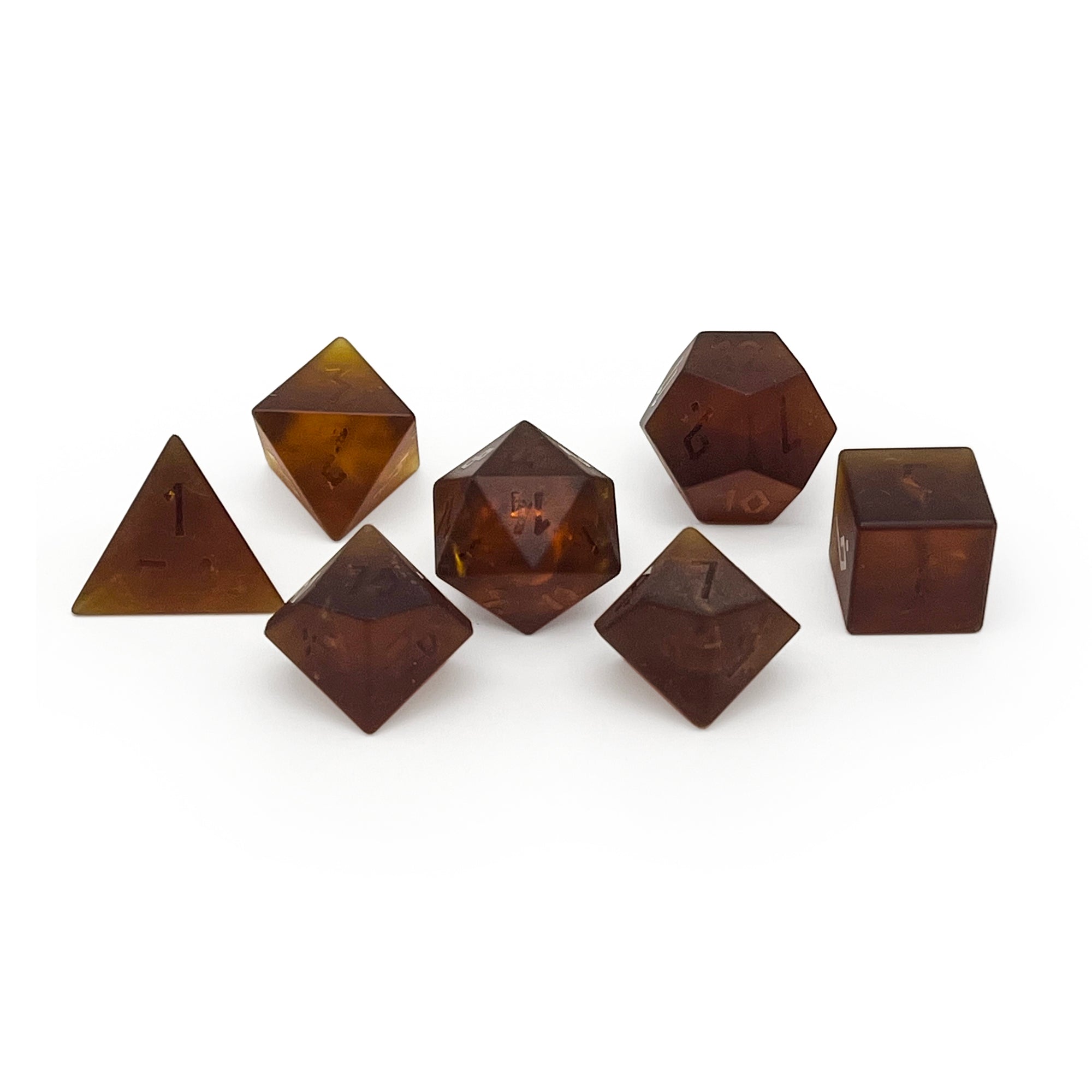 Frosted Shattered Zircon Amber Citrine - Raised-Glass Dice-Norse Foundry-Norse Foundry-zircon glass dice-dungeons & dragons-d&d dice set-rpg dice set-glass dice set-d&d-perfect for tabletop rpgs