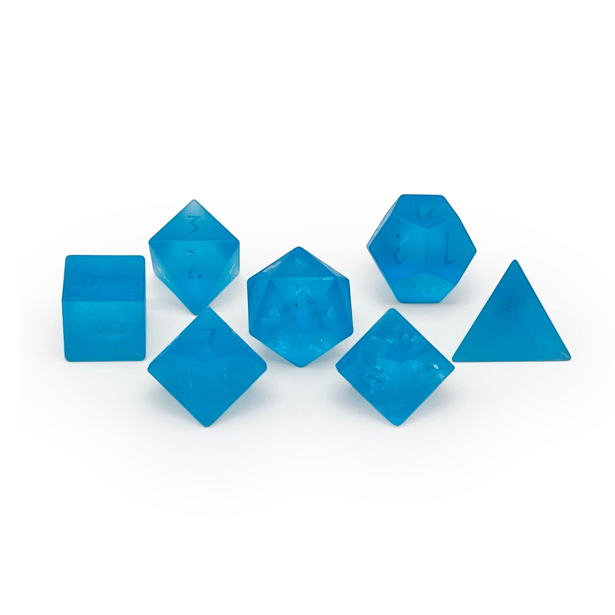 Frosted Shattered Zircon Aquamarine - Raised-Glass Dice-Norse Foundry-Norse Foundry-zircon glass dice-dungeons & dragons-d&d dice set-rpg dice set-glass dice set-d&d-perfect for tabletop rpgs