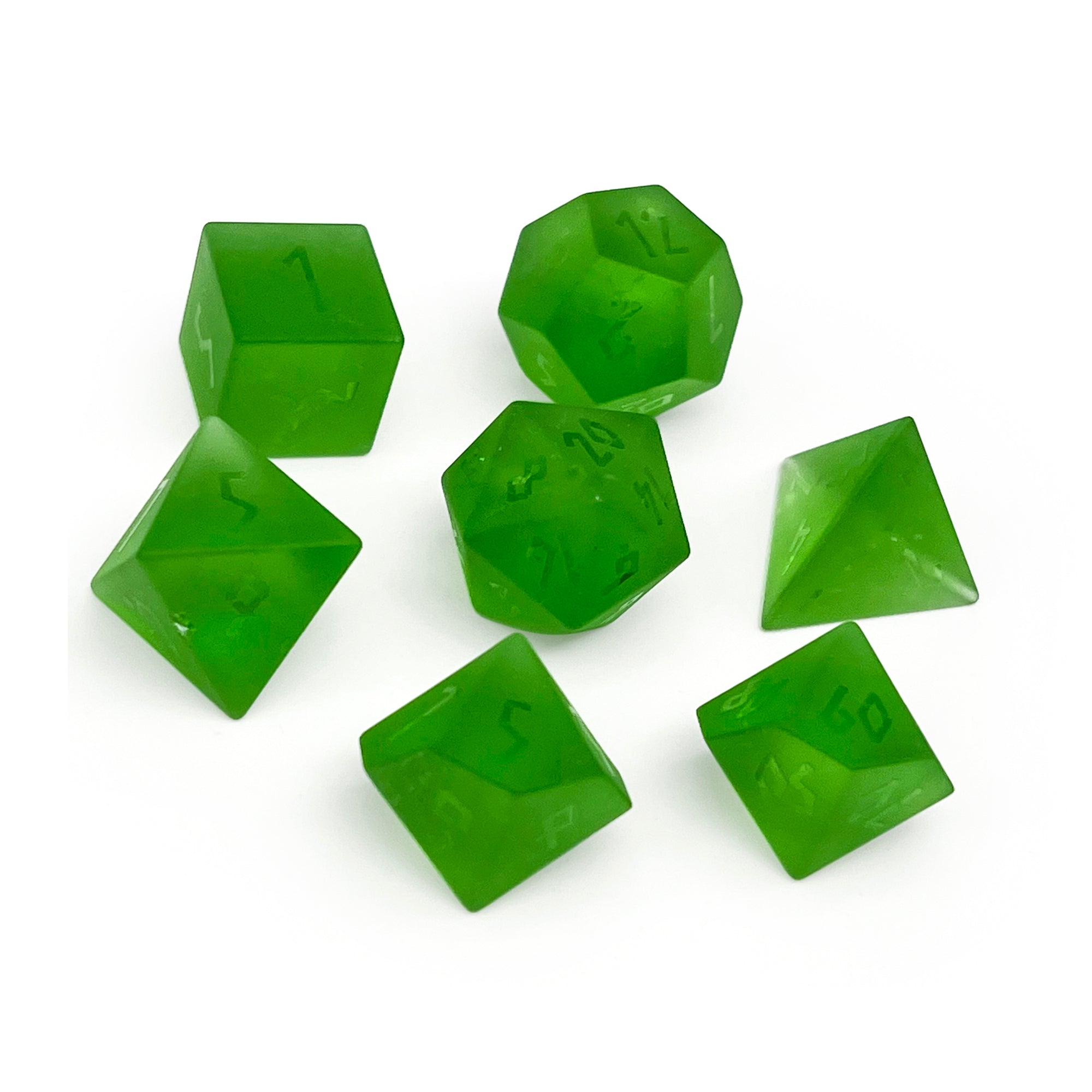 Frosted Shattered Zircon Emerald - Raised-Glass Dice-Norse Foundry-Norse Foundry-zircon glass dice-dungeons & dragons-d&d dice set-rpg dice set-glass dice set-d&d-perfect for tabletop rpgs