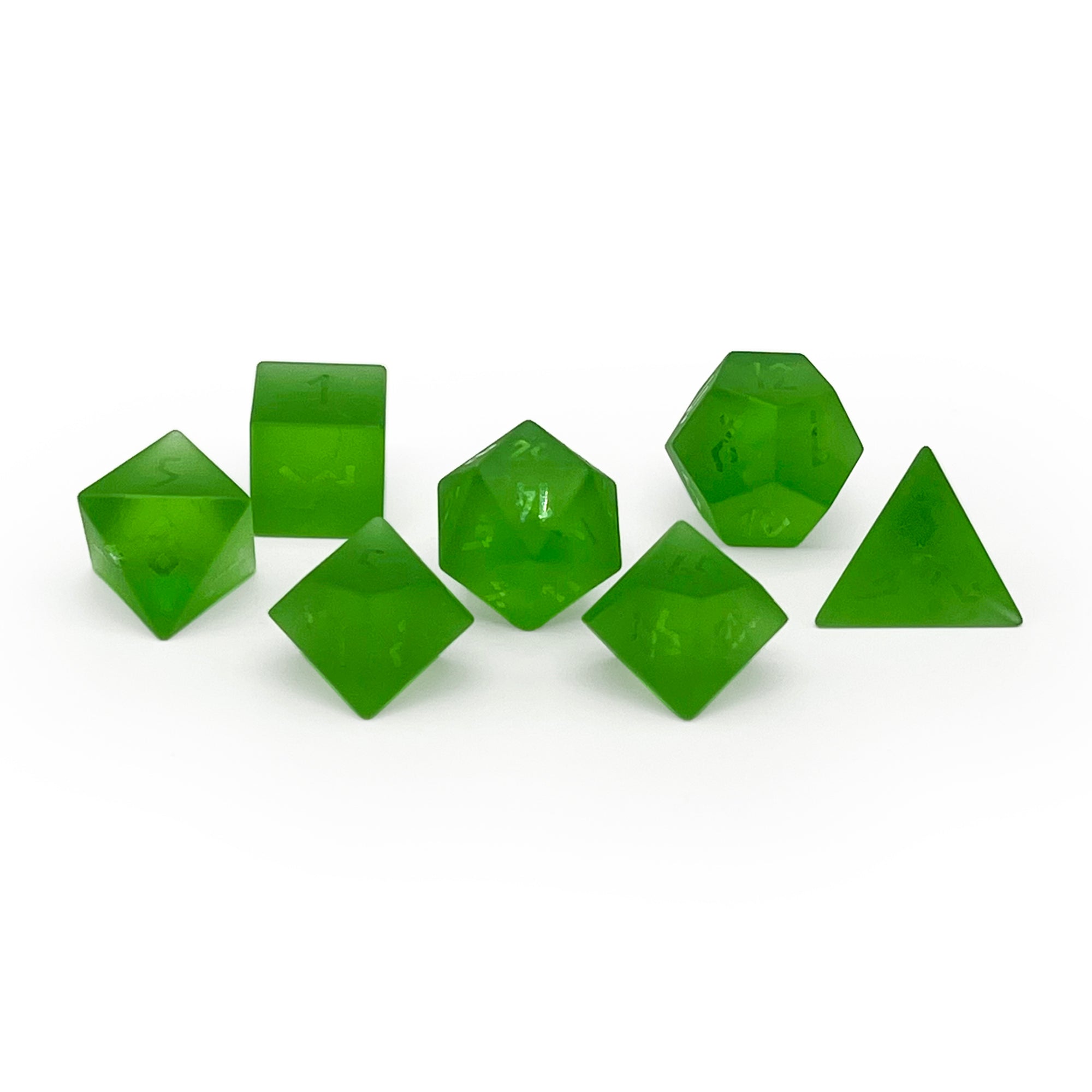 Frosted Shattered Zircon Emerald - Raised-Glass Dice-Norse Foundry-Norse Foundry-zircon glass dice-dungeons & dragons-d&d dice set-rpg dice set-glass dice set-d&d-perfect for tabletop rpgs