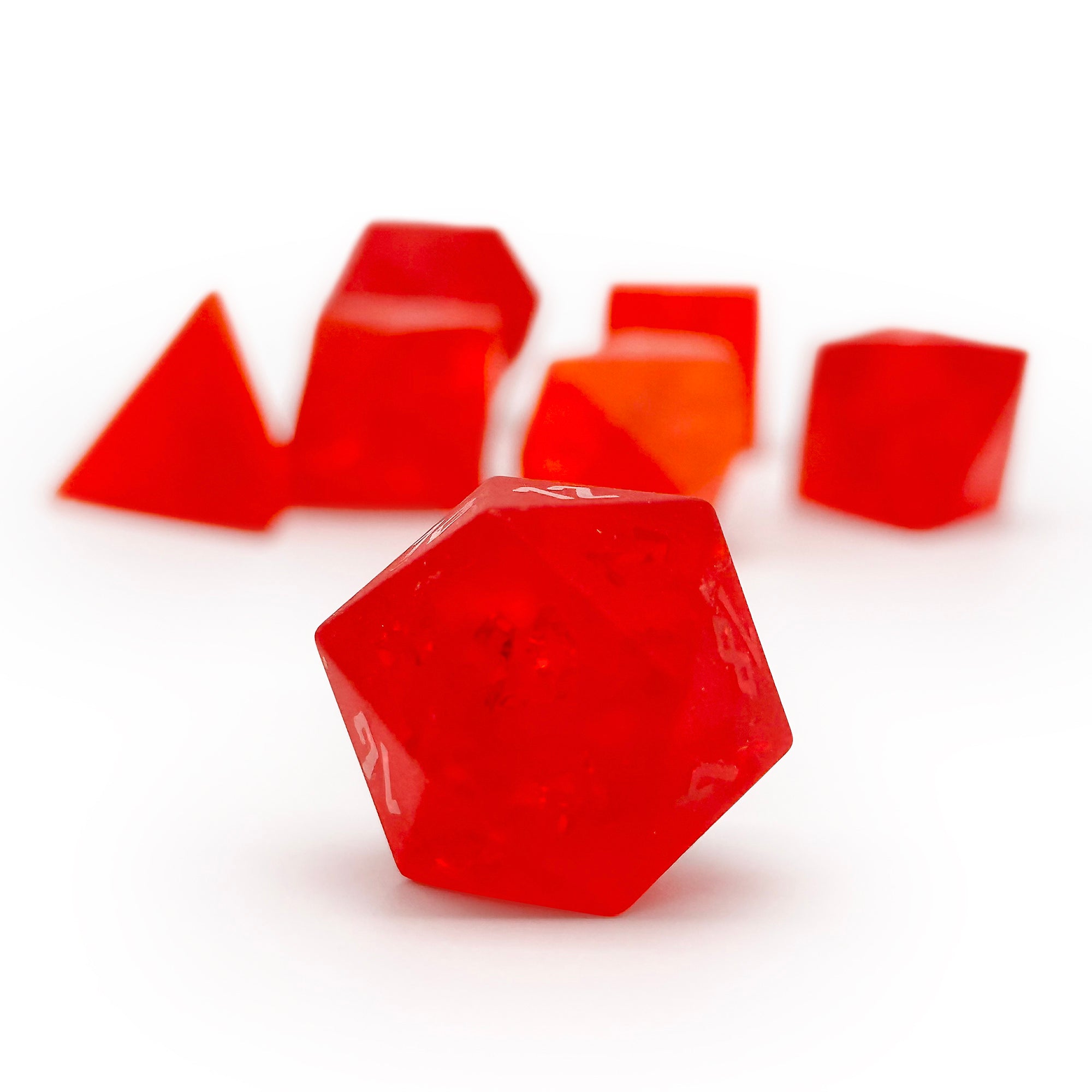 Frosted Shattered Zircon Ruby - Raised-Glass Dice-Norse Foundry-Norse Foundry-zircon glass dice-dungeons & dragons-d&d dice set-rpg dice set-glass dice set-d&d-perfect for tabletop rpgs