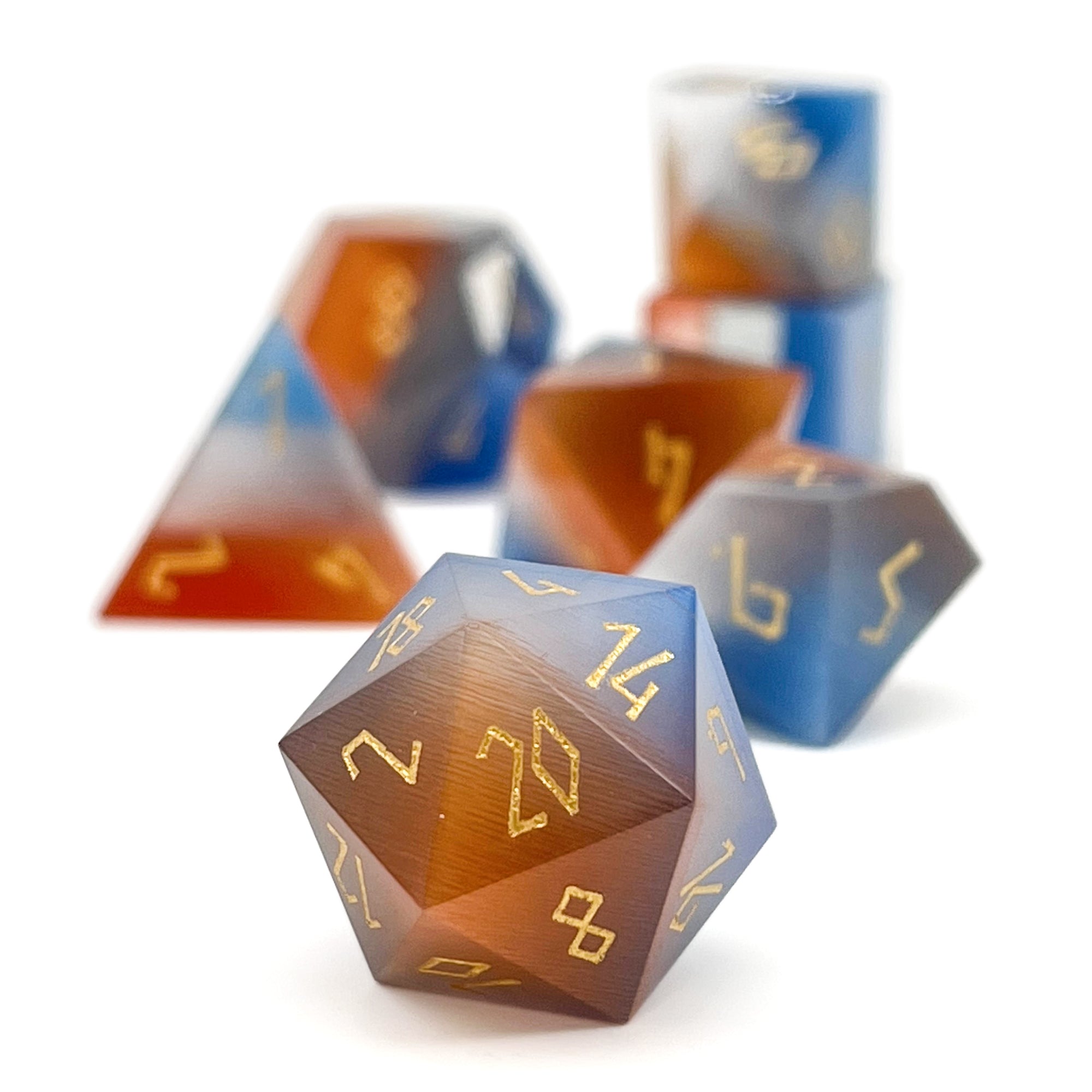 Split the Party - Red, Clear, and Blue Cats Eye 7 Piece RPG Set Glass Dice
