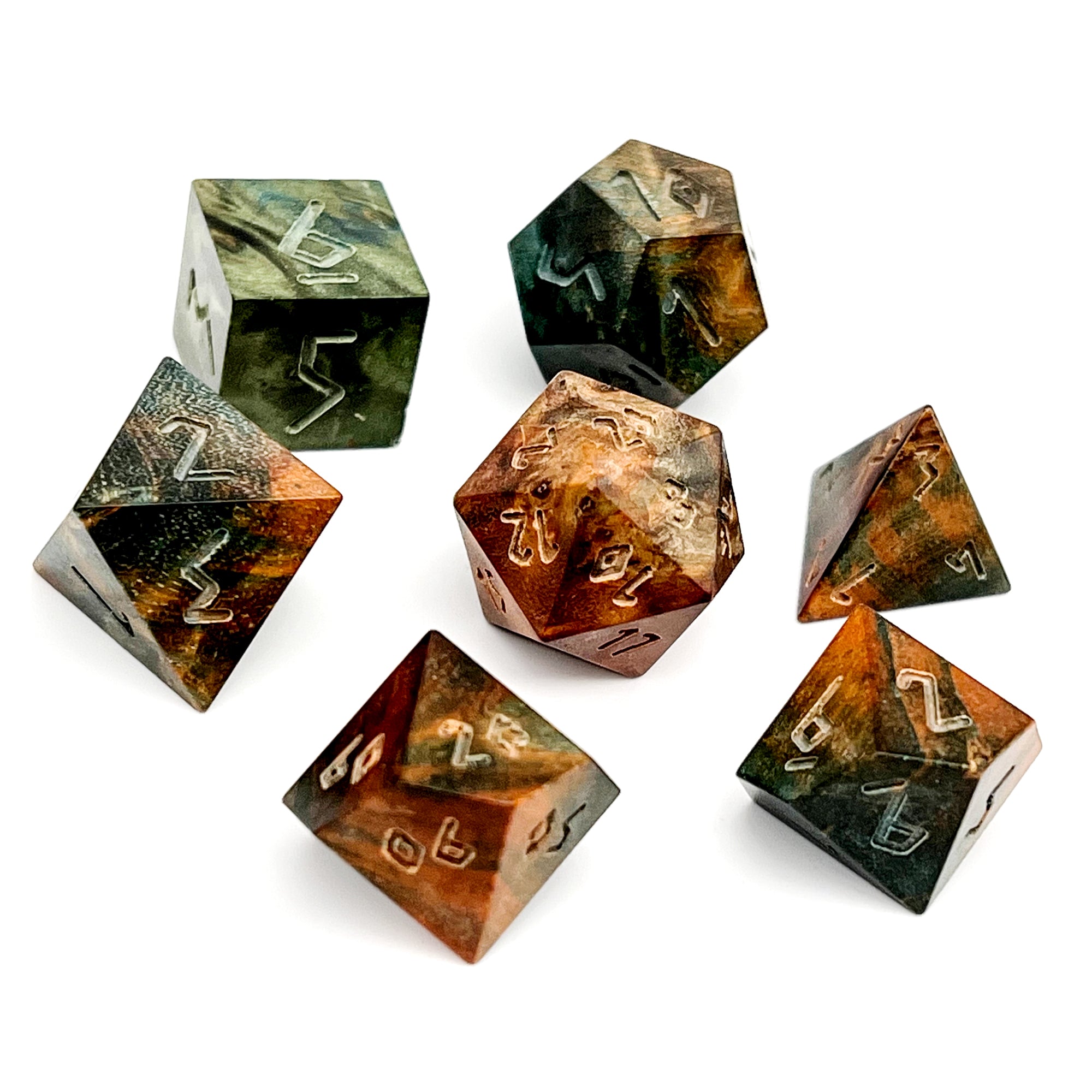 Orange and Green Striped Wood - 7 Piece RPG Wooden Dice Set