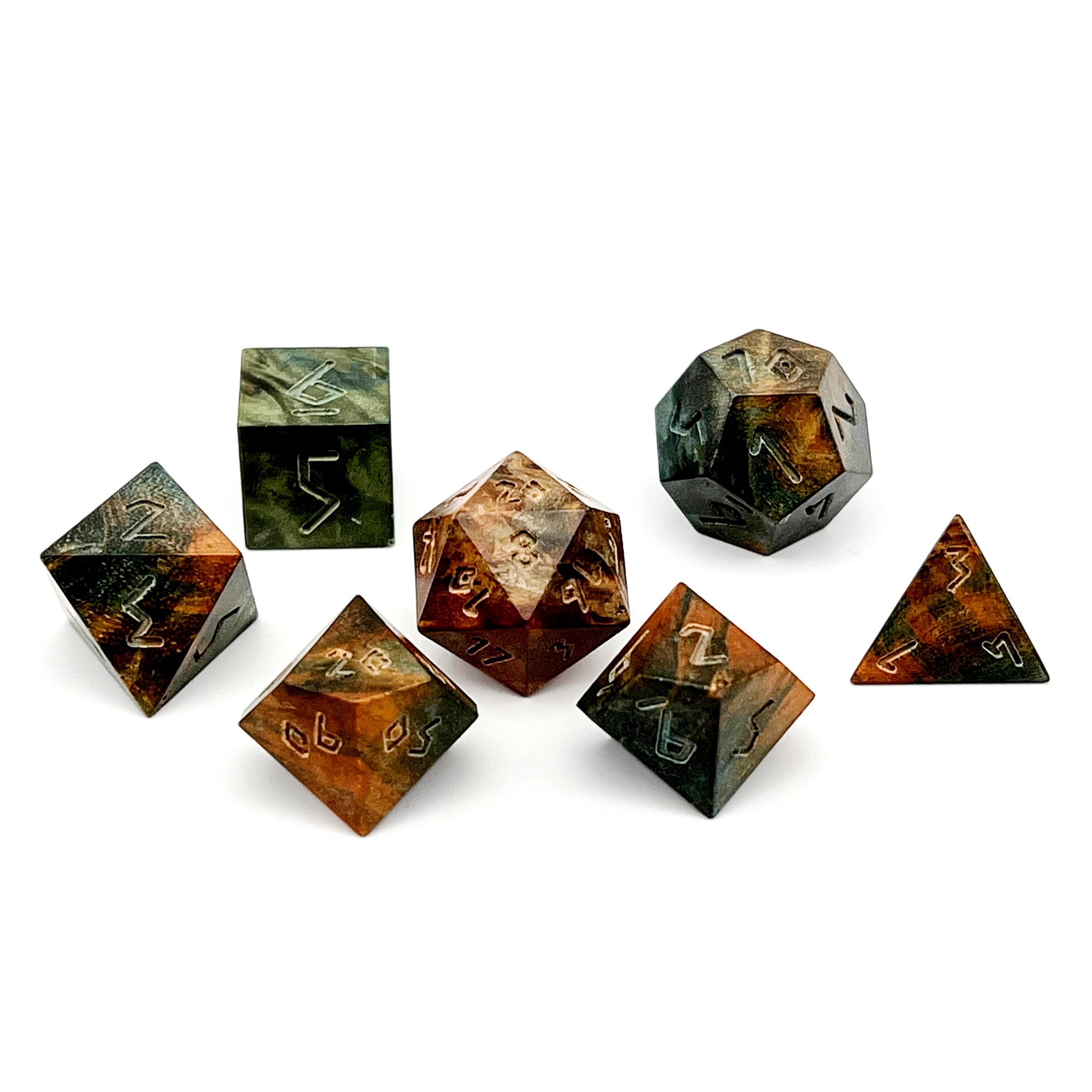 Orange and Green Striped Wood - 7 Piece RPG Wooden Dice Set-Norse Foundry-Norse Foundry-wood dice set-dungeons & dragons-d&d dice set-rpg dice set-wood dice set-d&d-perfect for tabletop rpgs